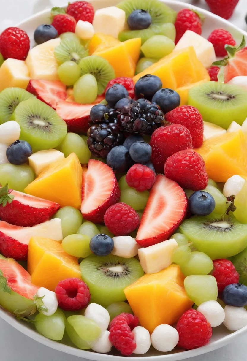 a delicious fruit salad, cinematic, professional photography, studio lighting, studio background, advertising photography, intricate details, hyper-detailed, ultra realistic, 8K UHD, organized,consistent image, 1 meter at cam