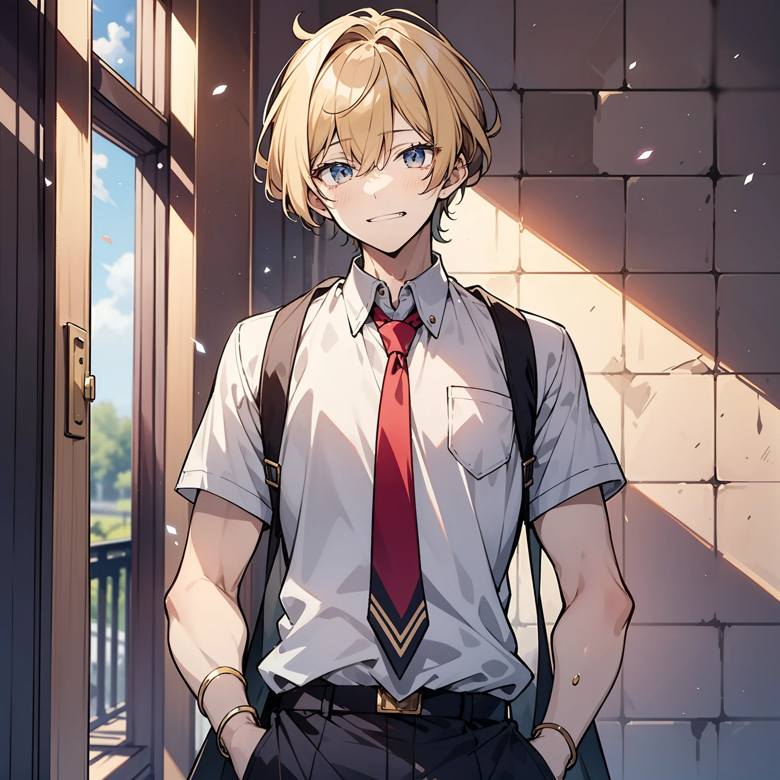 Around 18 years old, young anime man，Short yellow hair 1.5，Wearing a plain white school uniform，Standing on the school playground with a cold expression（Bad laugh 1.5）（The background is in the room in the village：1.5），Anime style 4K，Anime rendering，style of anime，8K fineness，（Upper body display：1.5）（Cinematic lighting：1.5）（Handsome anime boy 1.5）