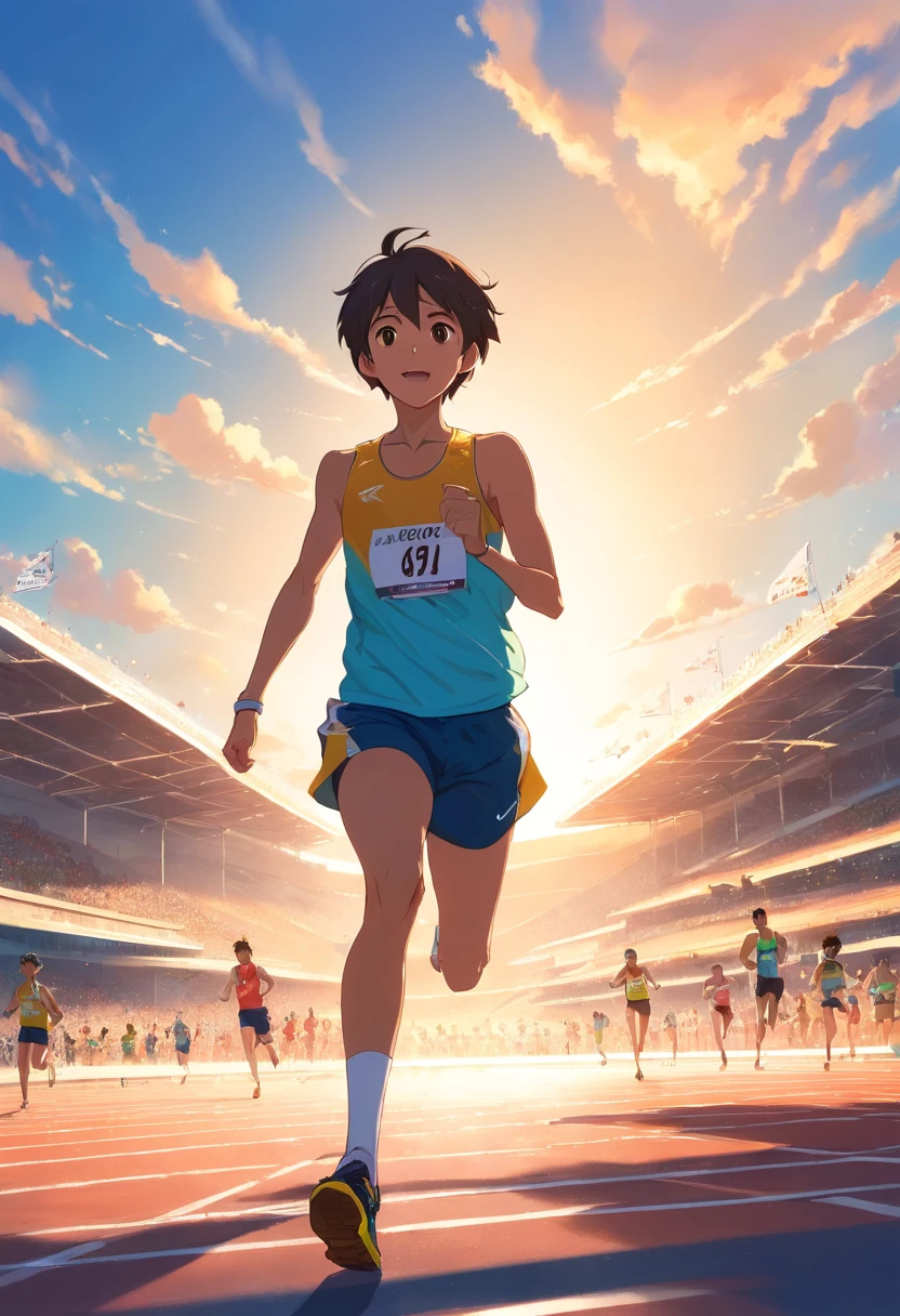 Neste primeiro quadrinho, somos transportados para uma atmosfera eletrizante no campo de atletismo de uma escola. The race track stretches out in front of us, cercada por arquibancadas repletas de espectadores animados. The sky is clear, with the sun casting a golden light over the scenery.

No centro da imagem, vemos um jovem atleta concentrado e determinado, pronto para iniciar uma corrida. Your muscles are tense, And he's in the starting position, com os olhos fixos no horizonte. Every detail of your sports uniform and running shoes is crisp and realistic.

The crowd around is vibrating with excitement, com rostos animados e bandeiras de apoio. Image quality is first class, capturing the texture of the track and the expression of intensity on the athlete's face. It's a time of pure energy and competition, que nos convida a entrar no emocionante mundo do atletismo.
