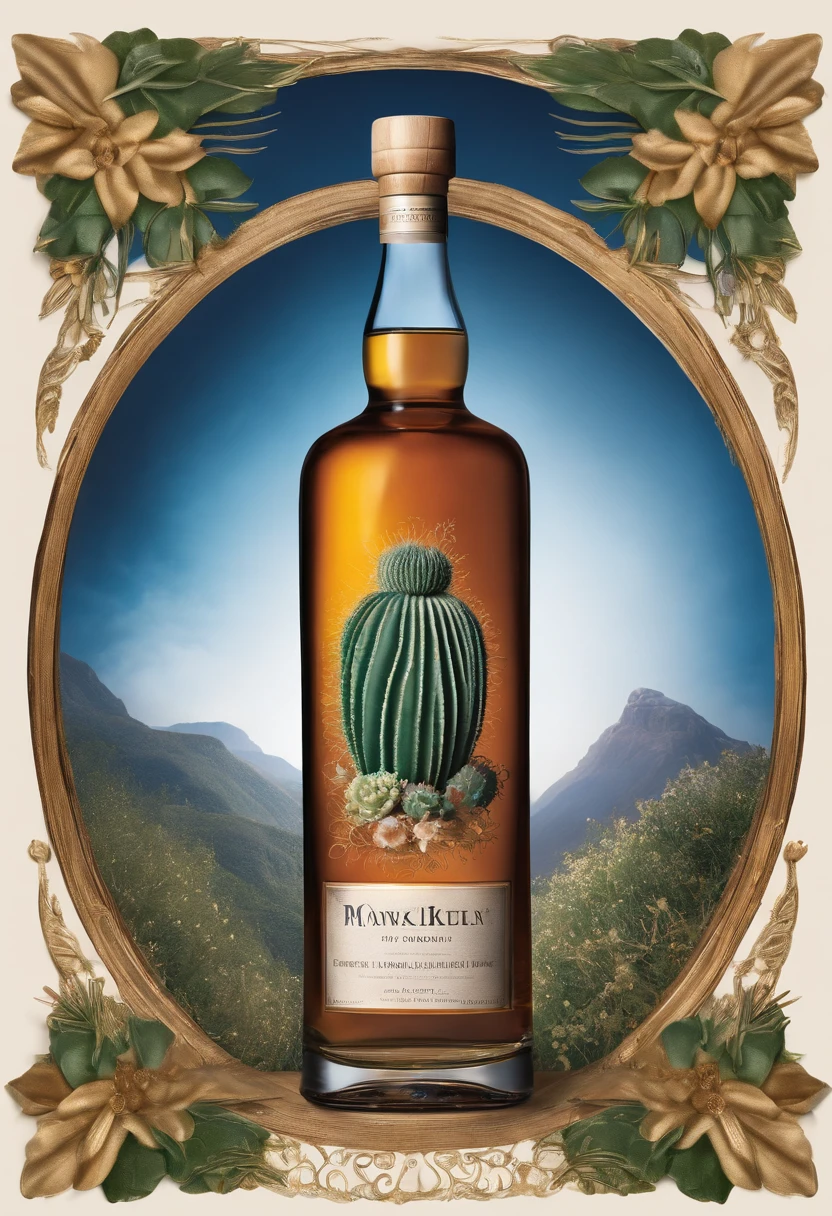 Blue Mountain cactus whiskey bottle on white background, Portrait inspired by William Grant Stevenson, Flickr, bauhause, high quality product photo, full product shot, highly detailed product photo, high resolution product photo, dripping blue natural iwakura, ƒ/5.6, detailled image, whiskey bottle, product image, very fancy whiskey bottle ,No labels are required