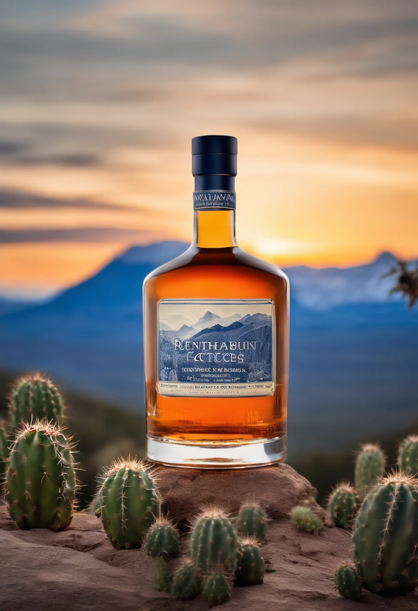 Blue Mountain cactus whiskey bottle on white background, Portrait inspired by William Grant Stevenson, Flickr, bauhause, high quality product photo, full product shot, highly detailed product photo, high resolution product photo, dripping blue natural iwakura, ƒ/5.6, detailled image, whiskey bottle, product image, very fancy whiskey bottle ,No labels are required