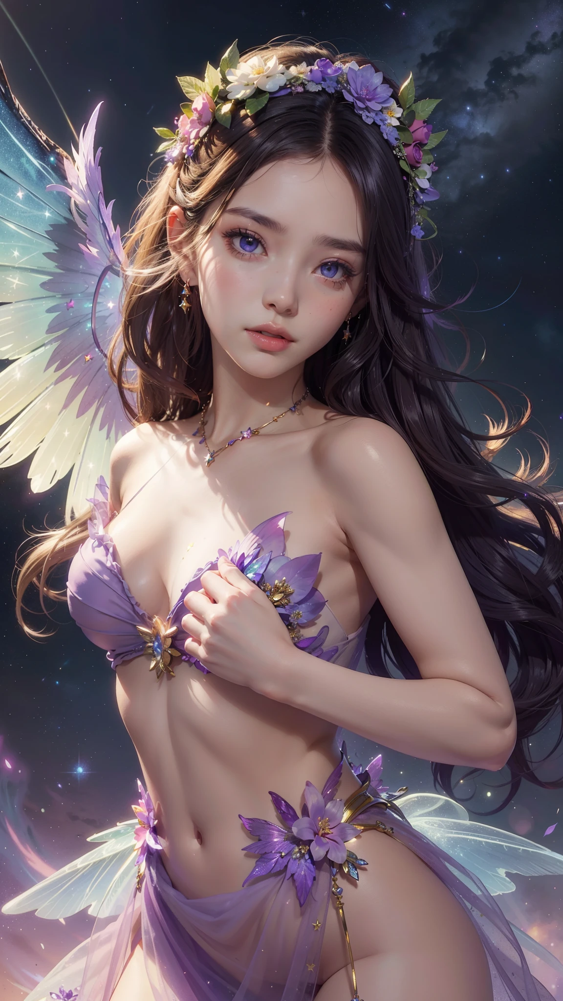 4k ultra hd, masterpiece, a girl, good face, detailed eyes, detailed lips, flower fairy girl, big wings, transparent wings, neon lights, magnificent background, purple dress, bare waist, flower crown, starry sky background, divine light, attractive pose,