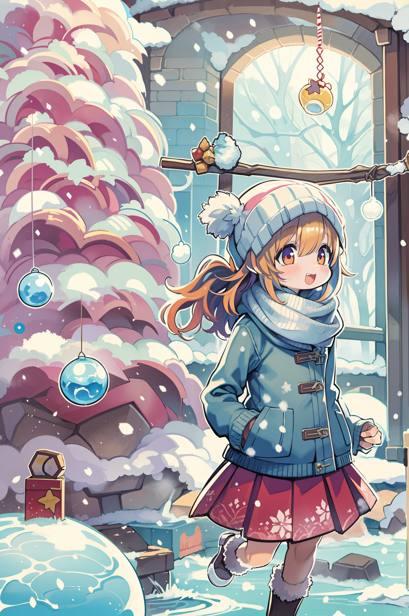 Charming Christmas 12 year old winter, girl with,Cartoon style, 2D, planar vector, Colorful splashes, Vector art, Fantasy Art, Watercolor effect,Digital Painting, white bg, 8K