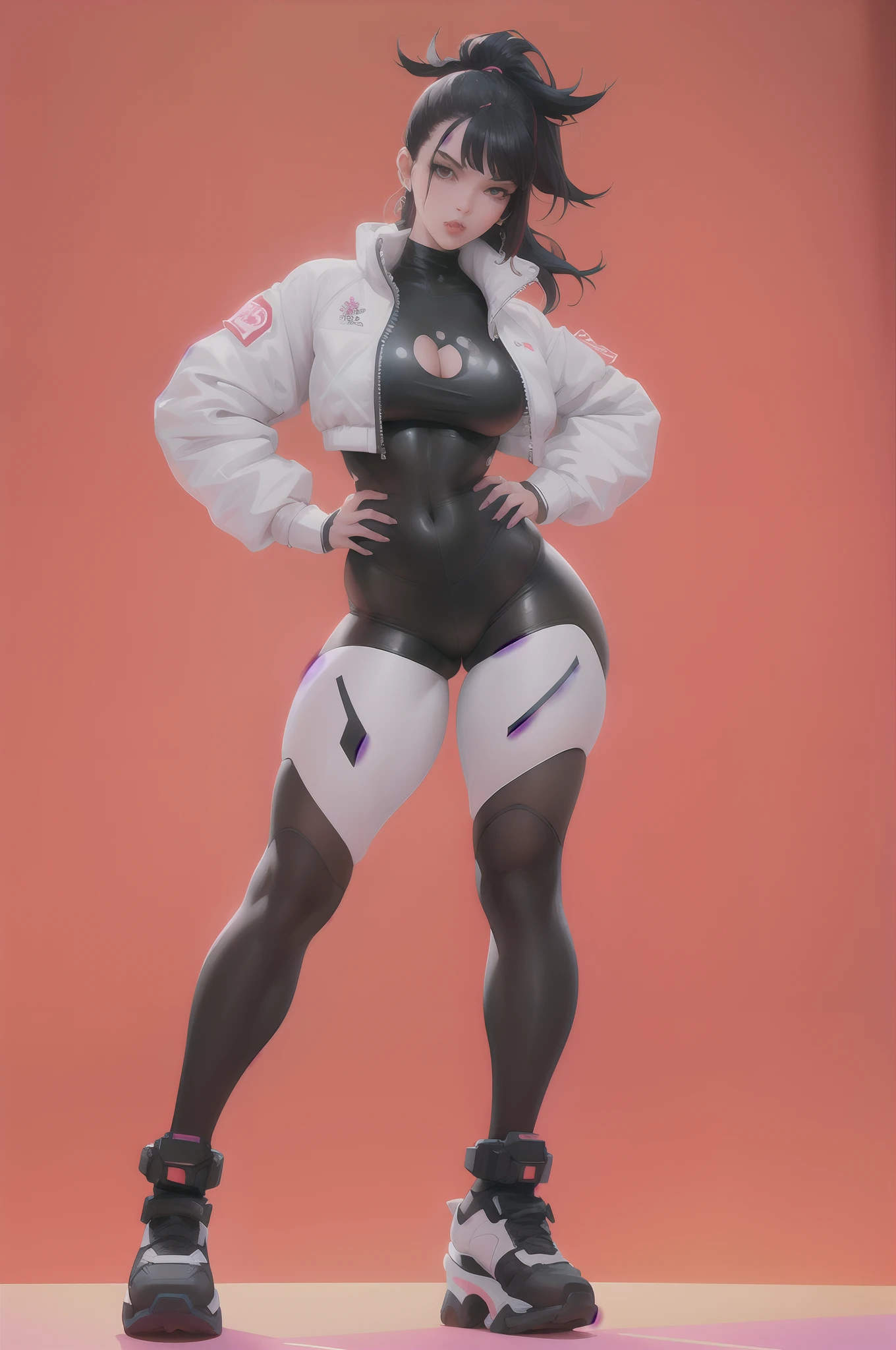 ((melhor qualidade)), ((master part)), ((realista)) e pGostosaografia ultra-detalhada, Juri Han,Menina bonita Juri Han de Street Fighter, bunda grande, Garota bonita, Neon light. veste um (Top Tecnologia-Desgaste) e um (corda preta, white pattern :1.2) , ((Beautiful and Aesthetic)), sexy, seios grandes, gostosa, mama grande, cyberpunk gym, dingy gym,