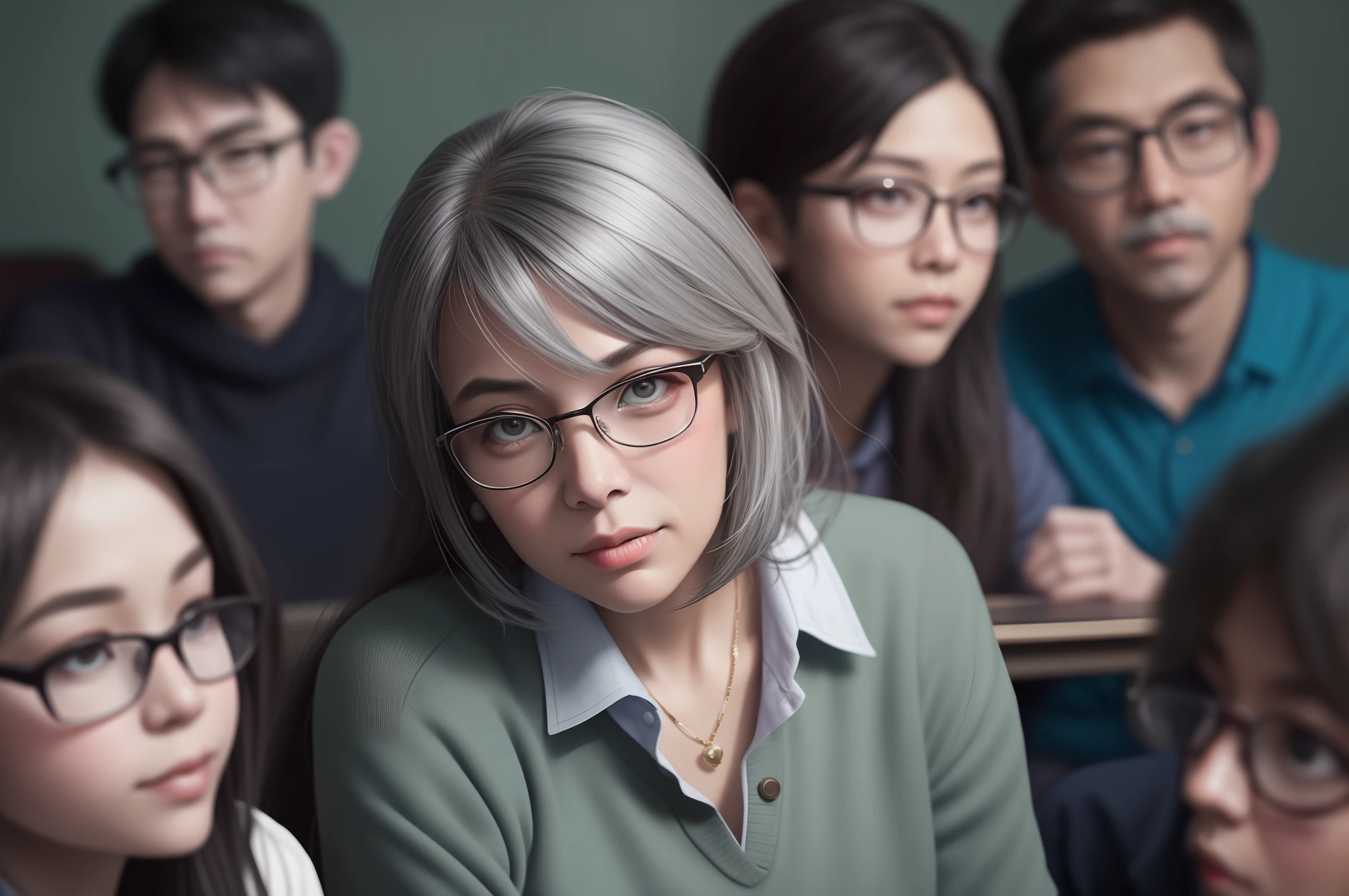 In the classroom,A group of students gathered around the teacher to ask questions,Gray-haired old teacher,Asian people,wears glasses,closeup cleavage,sharp focus on eyes,8K,super-fine,oil painted,Hyper-realistic,best qualtiy