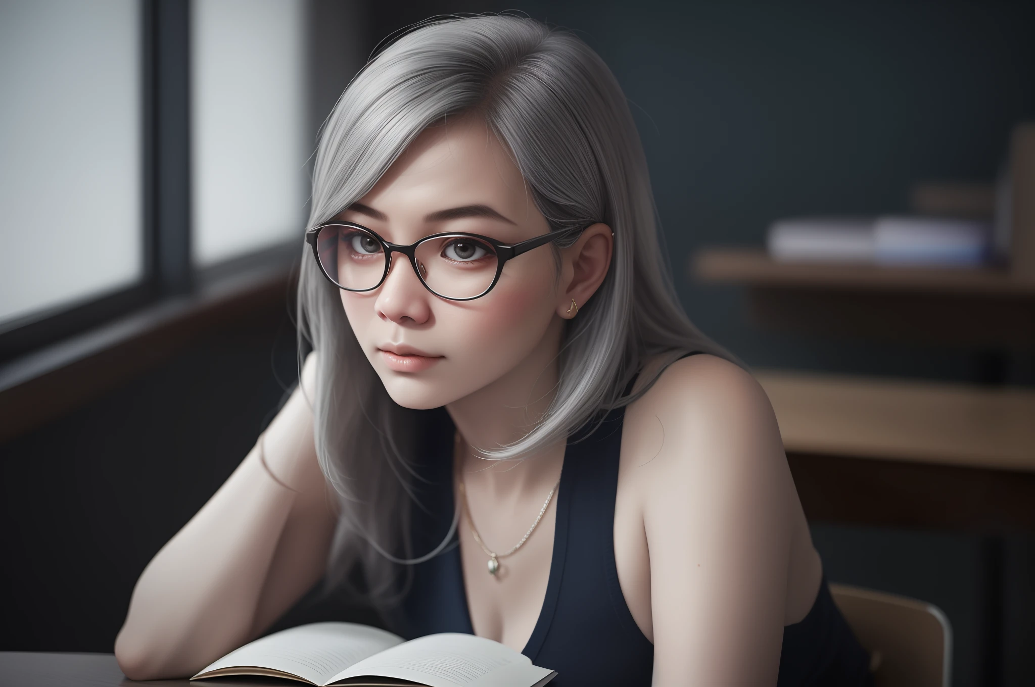 1 girl, beautiful vintage colors, Instagram (photorealistic, high resolution: 1.4), (realistic, photorealistic) :1.37), (sharp focus: 1.2), professional lighting, photon mapping, radiosity, physics Base rendering, (White skin: 1.2), (Poor breast: 1.2), Viewer's eye, (Middle hair: 1.5), Portrait, Purple eyes, (Silver hair: 1.1), Thick leather system notebook, Writing gesture, Realistic 5 fingers, Detailed hand expression, On the desk in the room, Thick leather system notebook, Clear morning light, on desk in room, diary, light shining through, unsplashed, conceptual art, beautiful image, writing, masterpiece of storytelling, field journal, fine journal cover, artistic interpretation, writing in journal, solo, upper body, realistic, (Masterpiece: 1.4), (highest quality: 1.4), (glossy skin ), fine eyebrows, makeup, smile (skinny, closed mouth, shy: 1.3), --auto --s2