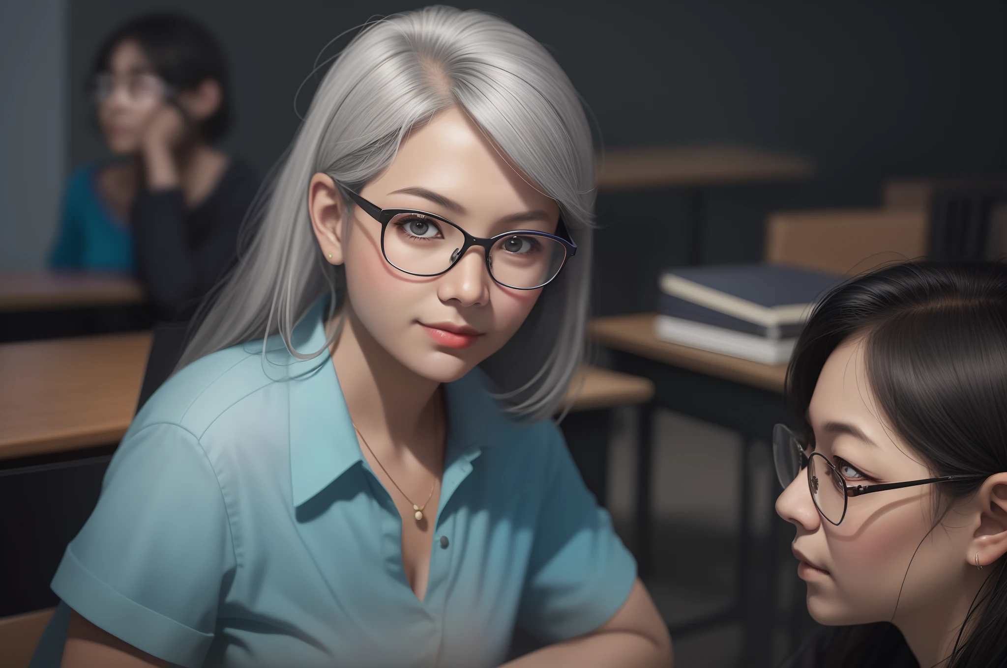 In the classroom,A group of students gathered around the teacher to ask questions,Gray-haired old teacher,Asian people,wears glasses,closeup cleavage,sharp focus on eyes,8K,super-fine,oil painted,Hyper-realistic,best qualtiy