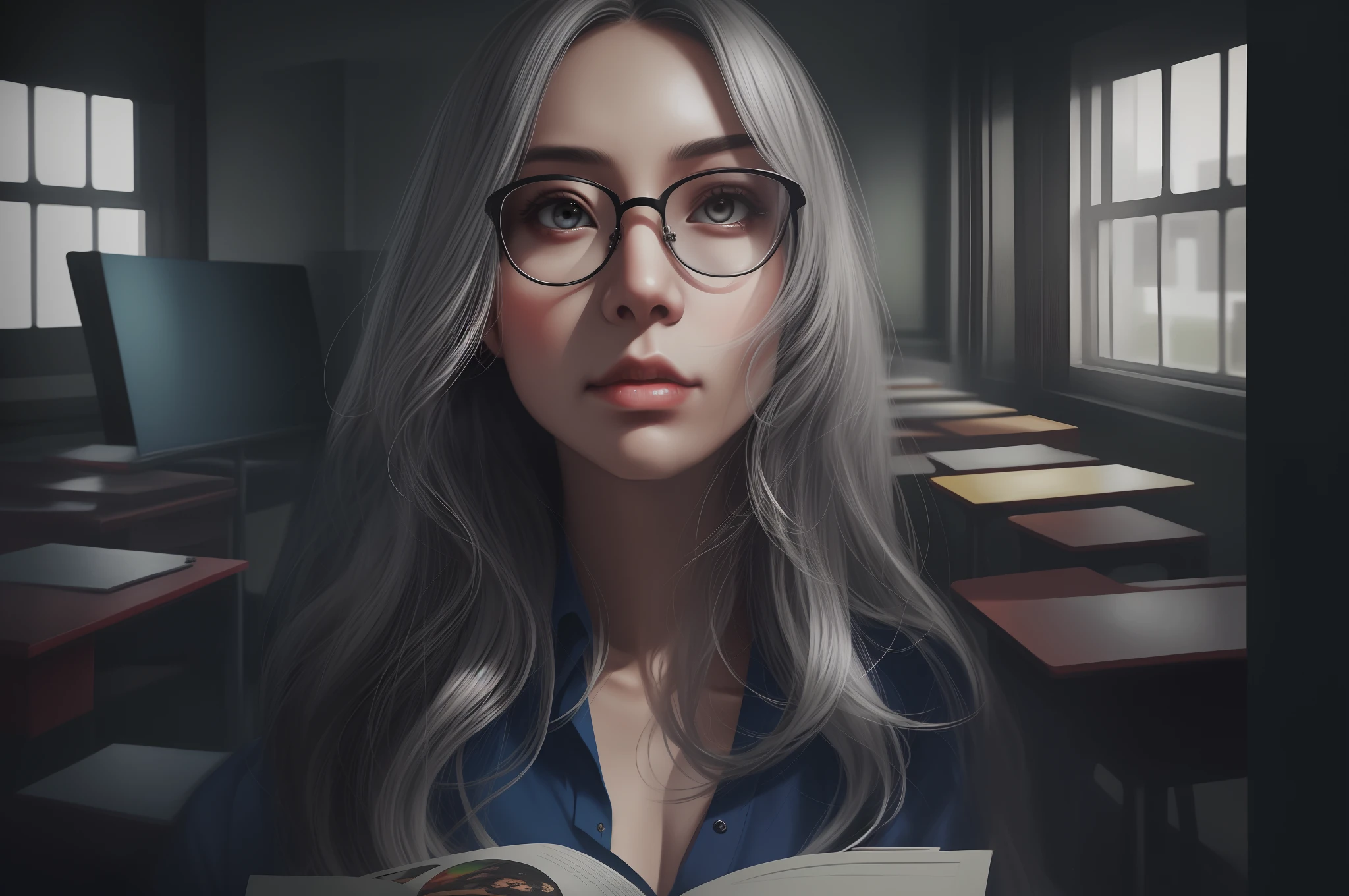 In the classroom,A group of students gathered around the teacher to ask questions,Gray-haired old teacher,Asian people,wears glasses,closeup cleavage,sharp focus on eyes,8K,super-fine,oil painted,Hyper-realistic,best qualtiy