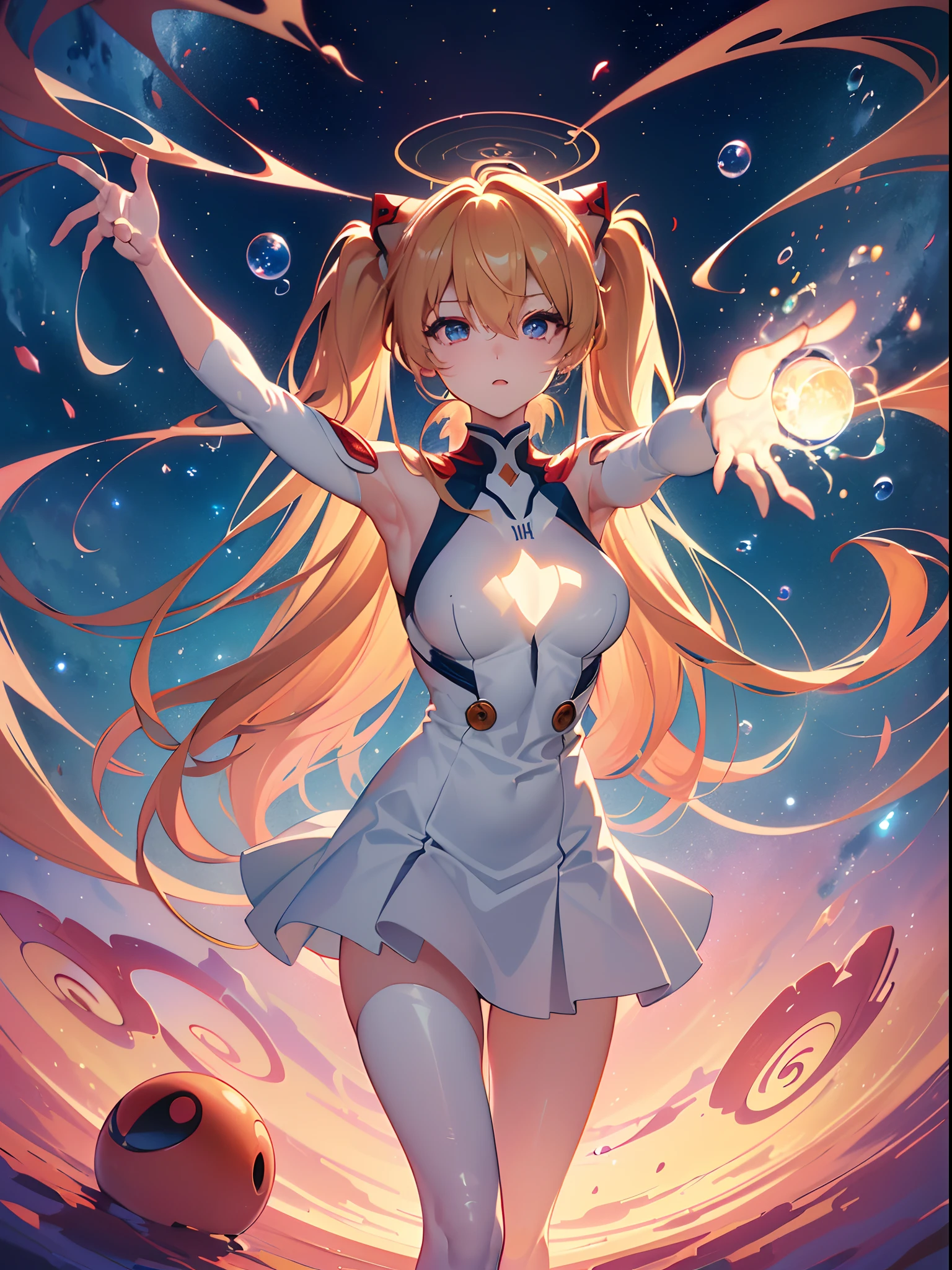 ((souryuu asuka langley,headgear,grey sundress,sexy thighs,Blonde,side twintails)),(Glowing eyes:1.233), diffuse reflection, high-profile, majestic,(outstretched hands,blushing,adorable face,cute face,vulnerable face,bishoujo,kawaii,)(Beautiful and detailed eyes:1.3),(((1girl,solo,)))(Masterpiece,Best quality, offcial art,Target the audience, Beautiful and aesthetic:1.2),(超高分辨率,Golden ratio), (4K),(looking from above,bent over),(((mirrors,))),((squatting:0.7)),Floating hair, (((Blue planet,spiral bubbles,raindrops,rainbow,blooming,glowing light),cinematic lighting,natural lighting,good lighting,ray tracing,Greatest optical vision painting)),(photo maping, Physically-based rendering,automatic white balance),Amazing,Sharp focus,(((holographic))), (((high detailed skin,)))Dynamic lighting,Intricately detailed clothing,Watery eyes,(masterpiece sidelighting),(busty body,a sexy girl,The sheen),[[Delicate fingers and hands:0.55]::0.85],(Detail fingers),((((BREAK,Design an image with a fisheye lens effect, capturing a wide field of view with a distinctive, curved perspective.BREAK,)))Superior photographic quality,((extremely_Detailed_Eyes_and_face)),(Disheveled hair),Movie girl,Brilliant,drifting Nebula,ethereal, glossy ,striking contrast,high saturation