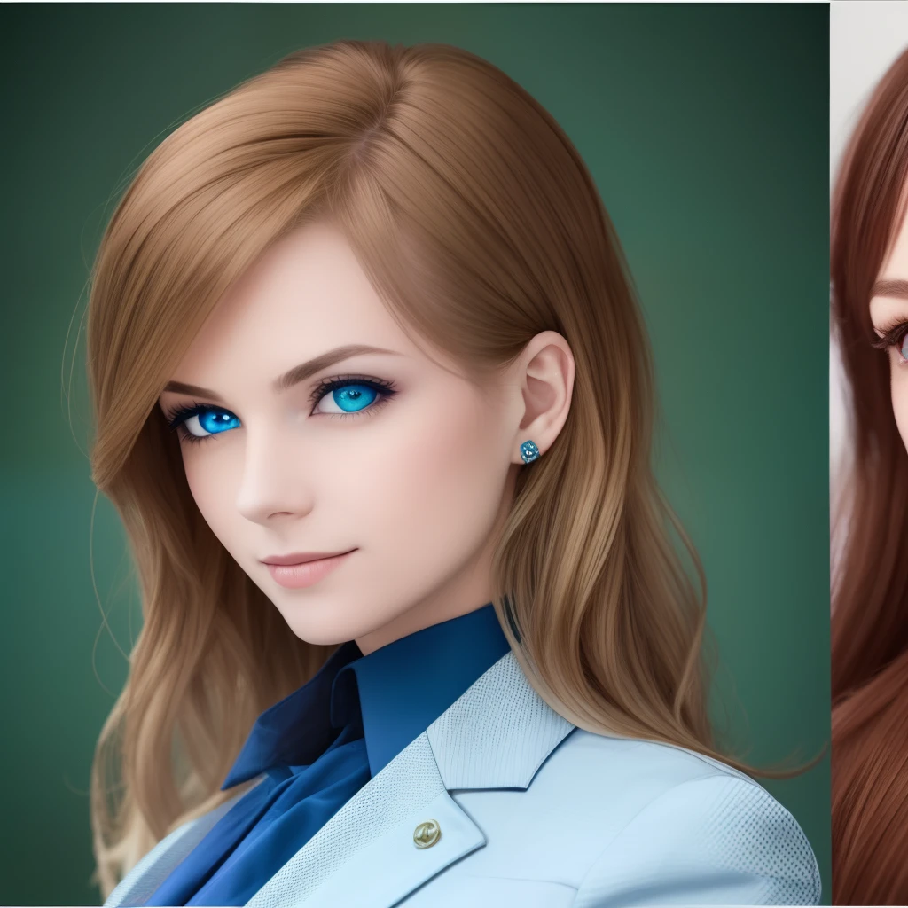 Create a series of four pictures, the first one will be a man in a blue business suit, a man with short brown hair, and green eyes, the second picture a man in a blue business suit, a man with long brown hair, and green eyes, a woman with long brown hair, wearing in a blue business jacket with a neckline, last image of a woman with blue eyes, blond hair, in a long blue dress, high detail, 8k --auto --s2