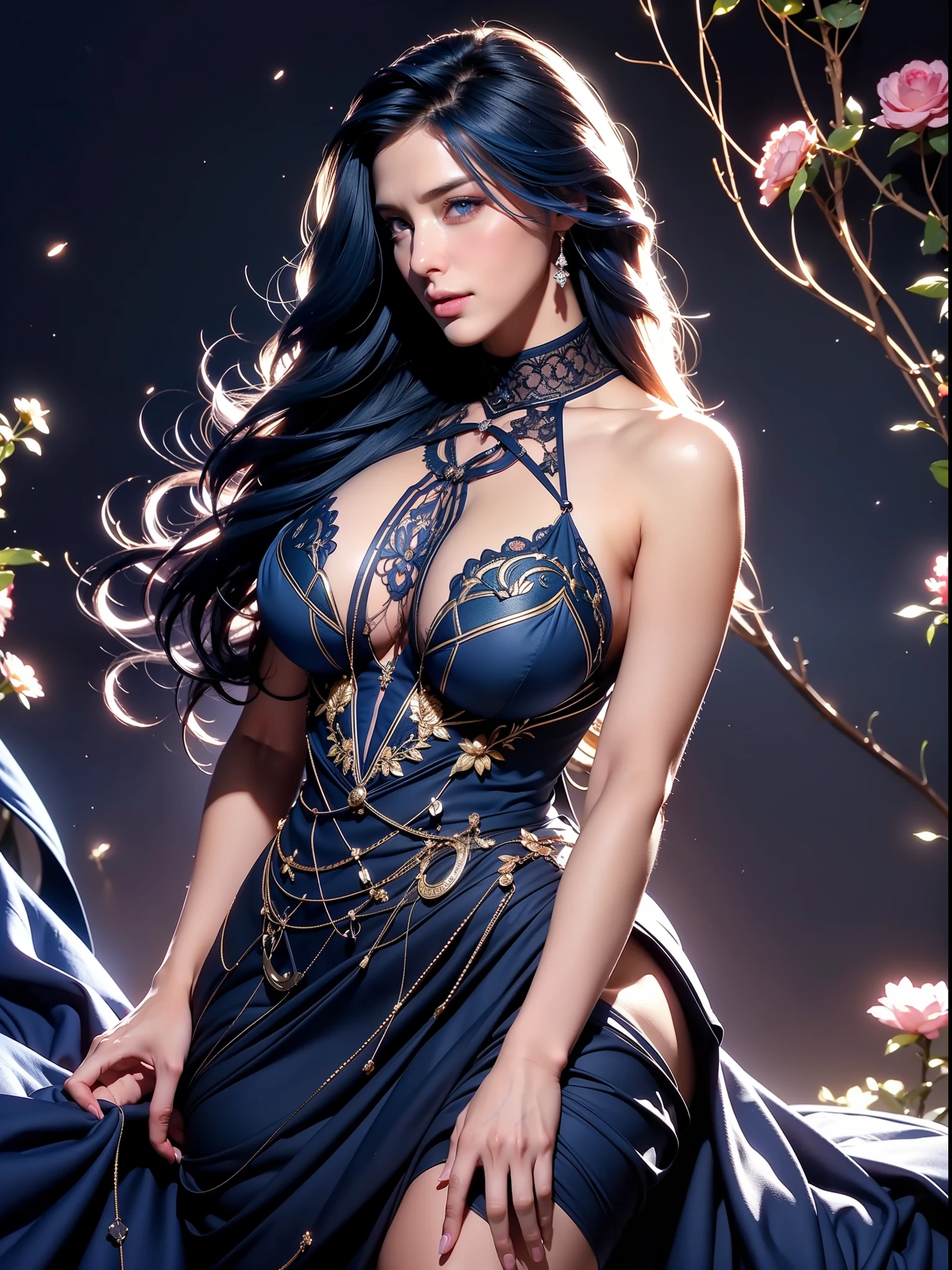 (full body,cowboy shot),an woman with modern style posing for a photo in a beautiful room, (((dark blue hair color))),(colorful),(finely detailed beautiful eyes and detailed face, dark blue long hair), cinematic lighting,extremely detailed CG unity 8k wallpaper,((flying petal)),(Flowery meadow), night, moonlight, shadows, light, living room,(masterpiece, best quality), cyberpunk, (((detailed black sexy dress))), black dress, pink laces,((darkblue untied flowing hair and a nice flowers background)), cool style, high detailed background , curvy body, gorgeous, elegant, simple gold necklace, dynamic pose, realistic, detailed facial expression, beautiful mesmerizing face, mad, sadistic smile, (bright blue eyes:1.14), real life skin, 8k, intricate detail, professional lighting, full body shot, dynamic angle shot, looking at camera, stunning Unreal Engine, soft diffused lighting, evil,1 girl, solo, sexy, sensual, a 20 yo woman,(natural skin texture, soft light, sharp), big boobs