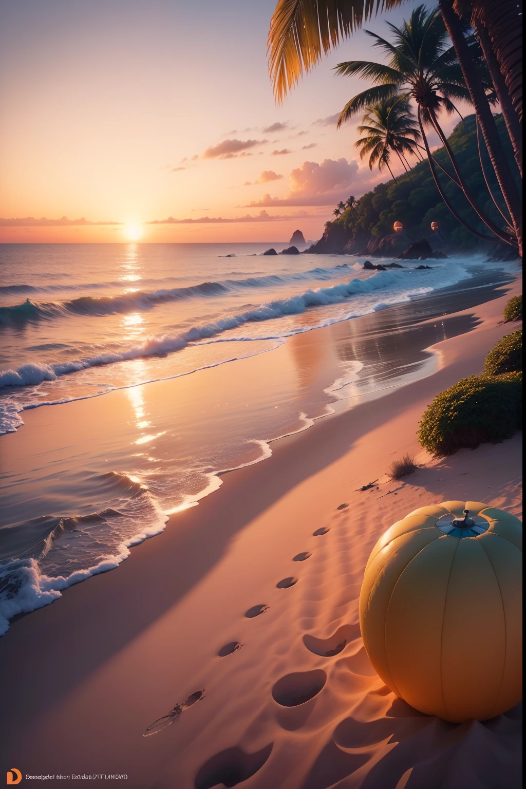 **Generate an image with the following specifications:  Background: A serene, sunset beach scene with gentle waves lapping at the shore. Text: In the upper left corner, display the words 'Tropical Paradise' in a playful and vibrant font, using a color that complements the sunset hues. Object: In the center of the image, place a colorful, helium-filled  air balloon in the shape of a giant pineapple, hovering just above the beach. The balloon should be rich in detail, with intricate patterns and textures that make it look realistic. Lighting: The scene should be bathed in warm, golden-hour sunlight, casting long shadows from the balloon onto the sand. Mood: The overall mood of the image should be one of relaxation and wonder, evoking a sense of vacation and escape. Please ensure that the generated image is of high resolution and visually appealing."  You can use this prompt with an AI image generation tool like OpenAI's DALL-E or similar models to create your desired image.