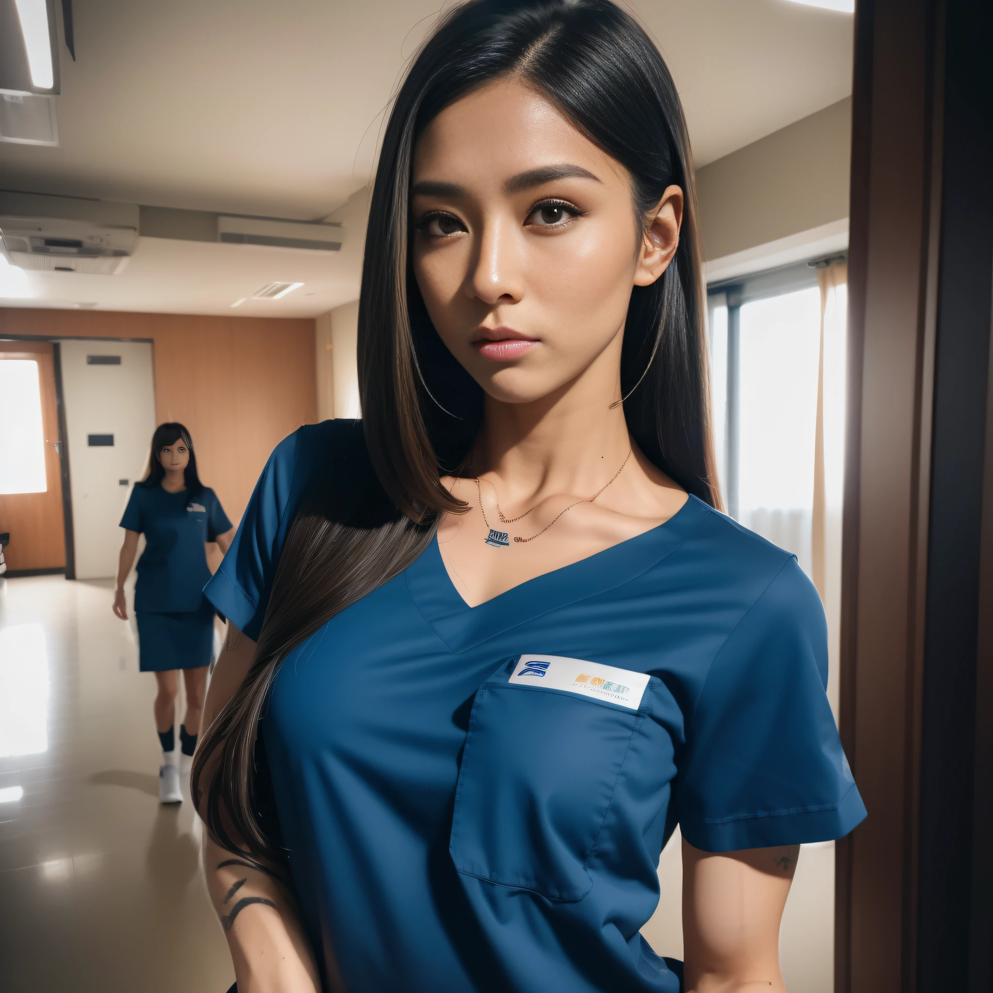 best quality, masterpiece, highres, ((1girl)), Beautiful face, photorealistic, 8k, UHD, long hair, ((beautiful arm tattoos)), muscular, feminine, ((toned abs)), sweat, Asian, female, dark skin, large boobs, (high detailed skin:1.2), 8k uhd, dslr, high quality, candid, Photograph, high resolution, 4k, 8k, hospital, nurse, wearing nurse scrubs, open scrubs, working, action shot,