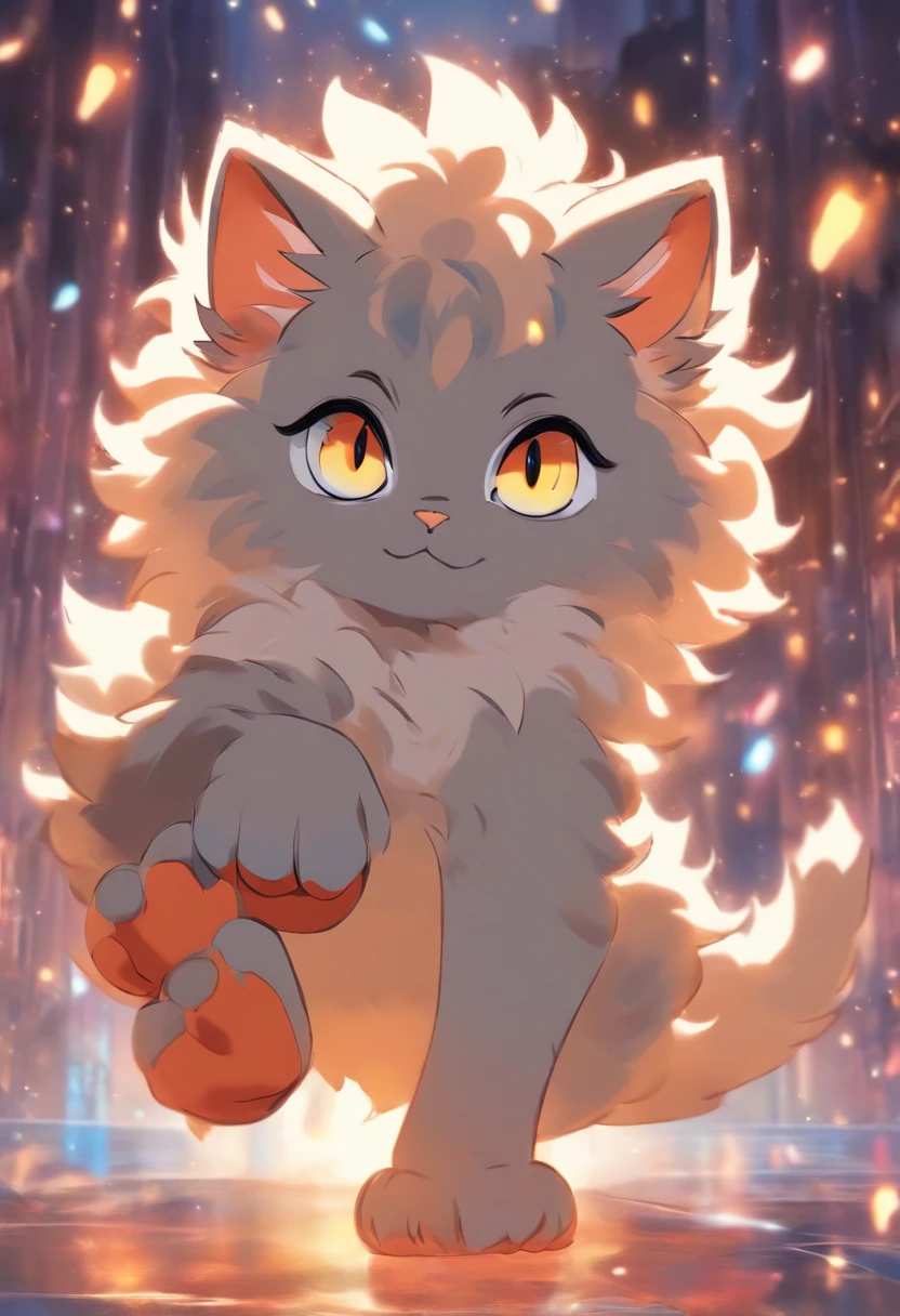 cartoon cat with paw prints on its paws and eyes, discord pfp, anime cat, cat furry, ear floof, furry furaffinity, furry paws furry, fleurfurr, professional furry drawing, [[[[grinning evily]]]], cat detailed, furry art!!!, macro furry, fat chibi grey cat, neferpitou