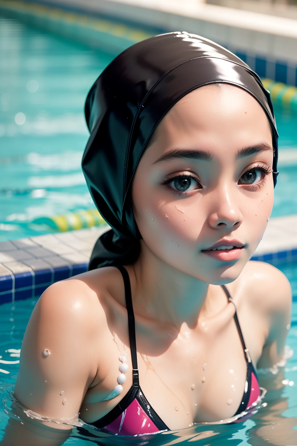 Photograph a Malay girl in hijab diving into a swimming pool with grace and confidence, capturing the beauty and athleticism of synchronized swimming