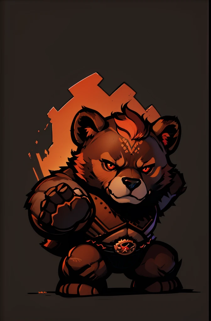 1young bear, warrior, chibi, anthropomorphic, brown fur, big red eyes, simple dark background, sturdy pose