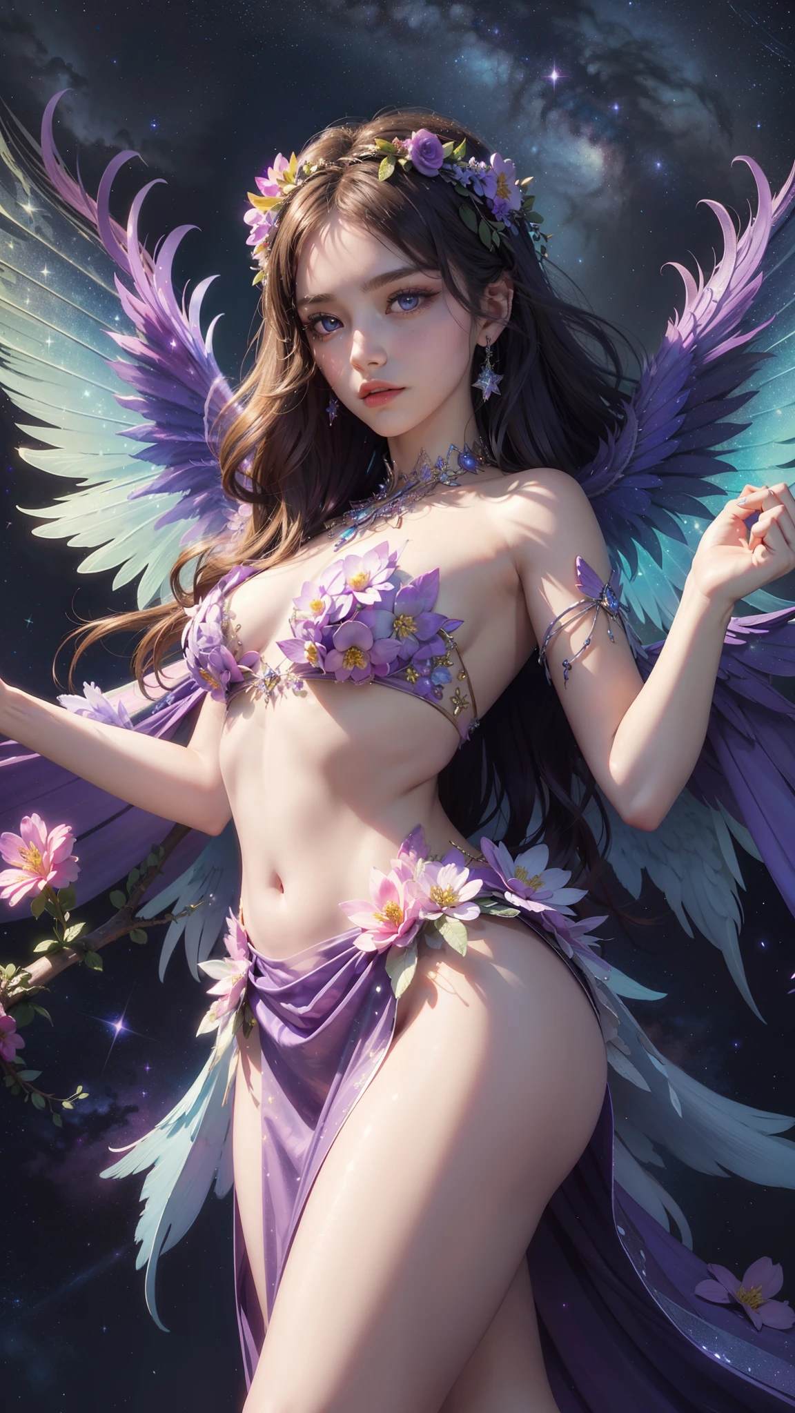 4k ultra hd, masterpiece, a girl, good face, detailed eyes, detailed lips, flower fairy girl, big wings, transparent wings, neon lights, magnificent background, purple dress, bare waist, flower crown, starry sky background, divine light, attractive pose,