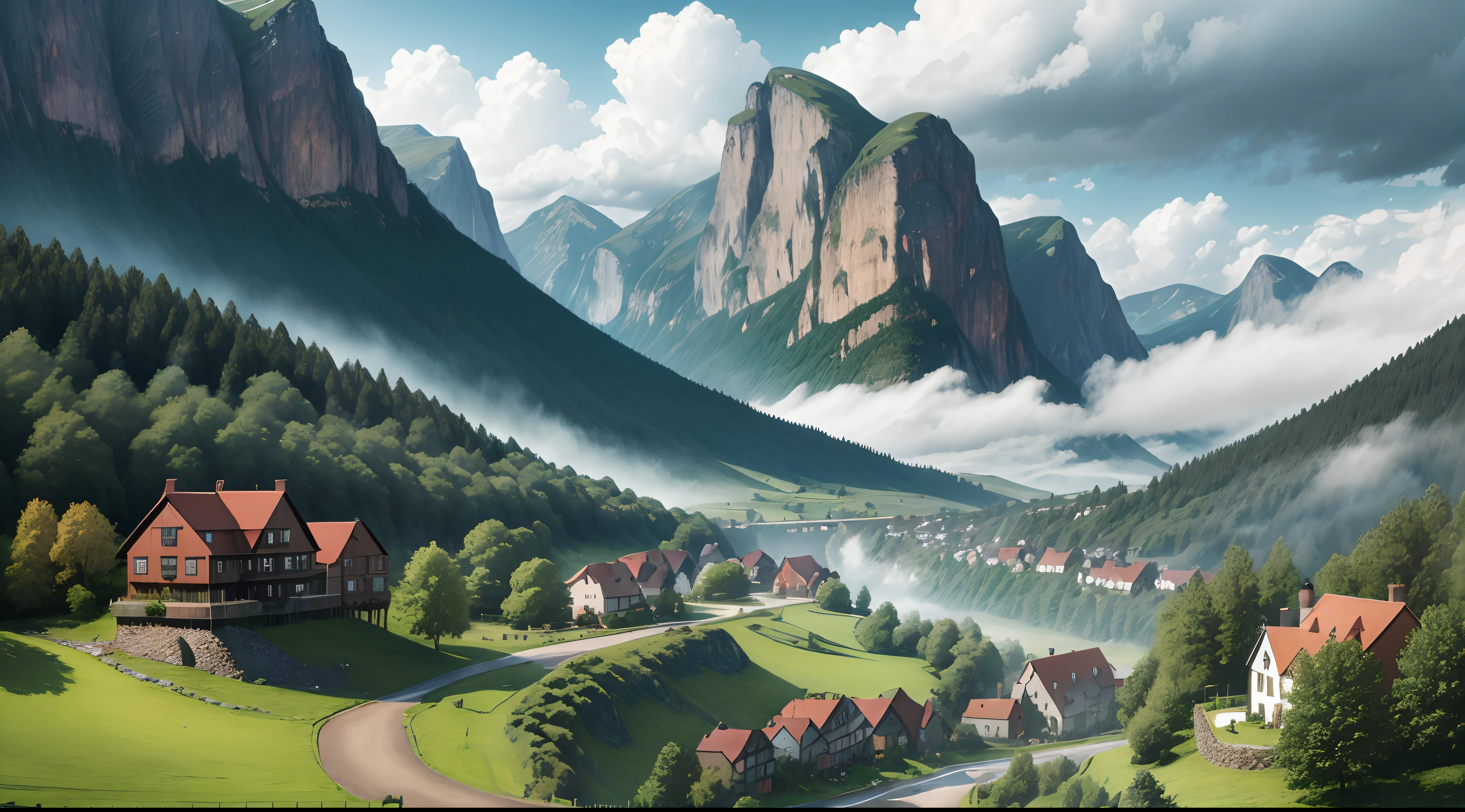 (best quality, 4k, highres, masterpiece:1.2), ultra-detailed, realistic:1.37, HDR, mountainous landscape, forest green steam train, winding mountain road, quaint mountain village, distant background, cloudy sky, misty atmosphere, lush green trees, vibrant colors, perspective view, vintage steam locomotive, puffs of steam, old-fashioned train tracks, quaint houses, red rooftops, winding roads, stone bridges, rolling hills, serene ambiance, peaceful setting, natural beauty, enchanting scenery, dramatic clouds, mist-covered mountains, captivating mountainside, idyllic countryside, dynamic composition, atmospheric lighting, soft shadows, immersive experience, depths of the forest, picturesque charm.