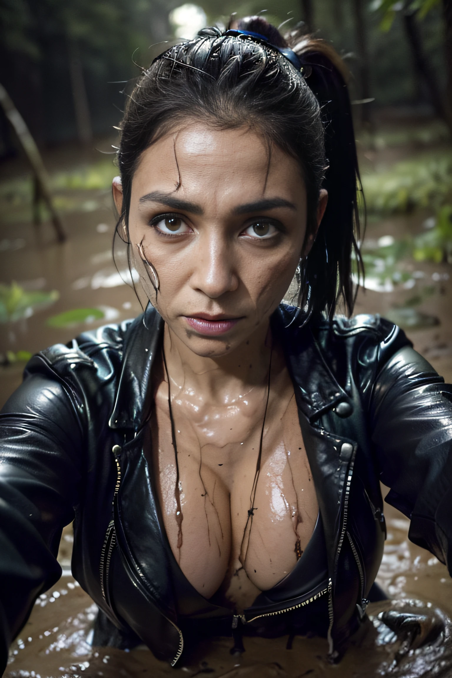 Tormented by lust, Woman in lust-soaked jeans, A tight blouse and leather jacket were caught off guard in the woods at night, indulging in his sexual fetish of drowning in a swamp. Lust causes her to drown in a swamp. Her face is haggard and dehydrated. She is perplexed and looks around in fright. There is pitch darkness all around, The light only comes from the camera's flash.
TAGS: night time, blurred background, (First-person selfie for Instagram:1.7), (Darkness around:1.6), (Light only from the camera:1.6). woods, The woman, (Tormented by lust:1.4), (In lust-soaked jeans), leather jacket, in blouse wearing, swamp, (drowning in a swamp), (Drowning in a muddy swamp up to his thighs:1.8), (Sexual fetish:1.3), fright, stunned, Looking around. (emaciated face:1.6), (dehydrated face:1.6), (swelling of the face:1.6), (Short hair gathered in a ponytail:1.2),