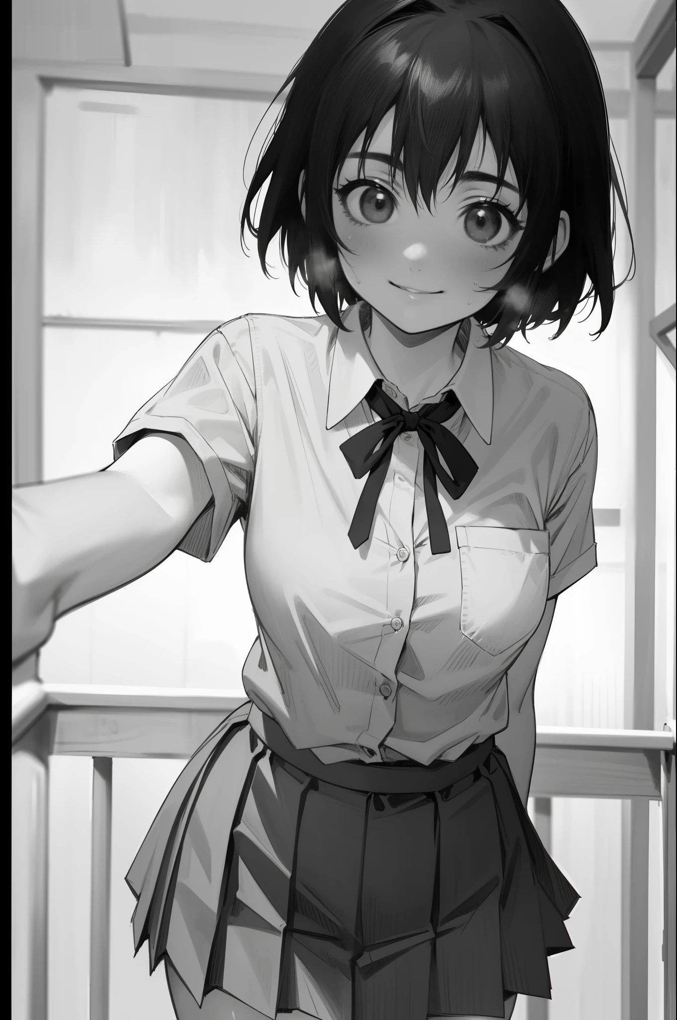 masterpiece, 1 girl, solo, pov, ayase fuuka, school uniform, blouse, pleated skirt, ribbon, mini skirt, front view, bust shot, dynamic pose, cowboy shot, (nsfw), smile, greyscale, monochrome, halftone, drawing, manga, otoyomegatari, face focus, school playground.