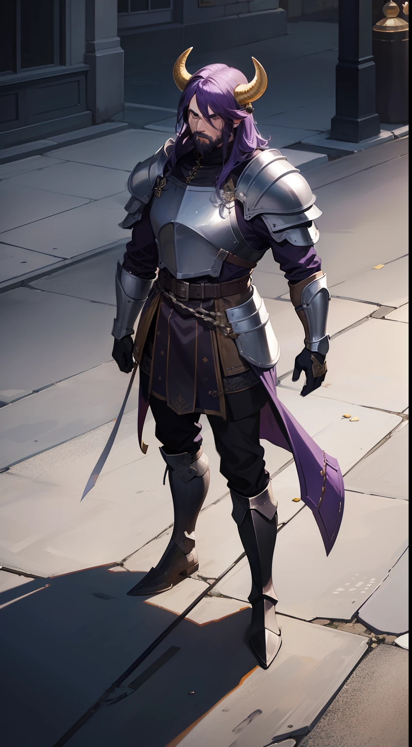 1man,30s,cow horns,solo,muscle.,purple hair,beard, templar golden knight outfit, gray long chainmail skirt, head armor,face armor,serious face,black long boots, road, masterpiece, HD, vibrant,night
