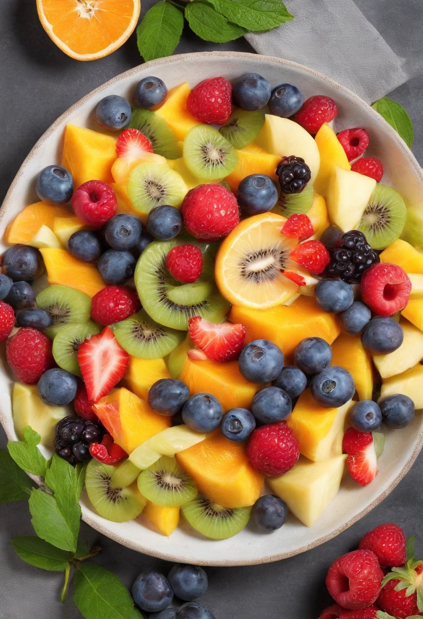 a delicious fruit salad, cinematic, professional photography, studio lighting, studio background, advertising photography, intricate details, hyper-detailed, ultra realistic, 8K UHD, organized, consistent image, 1 meter away