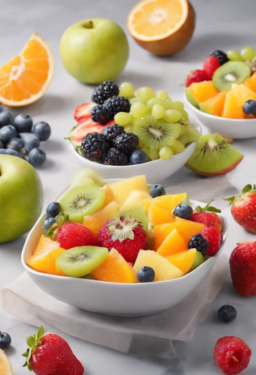 a delicious fruit salad, cinematic, professional photography, studio lighting, studio background, advertising photography, intricate details, hyper-detailed, ultra realistic, 8K UHD, organized, consistent image, 1 meter away
