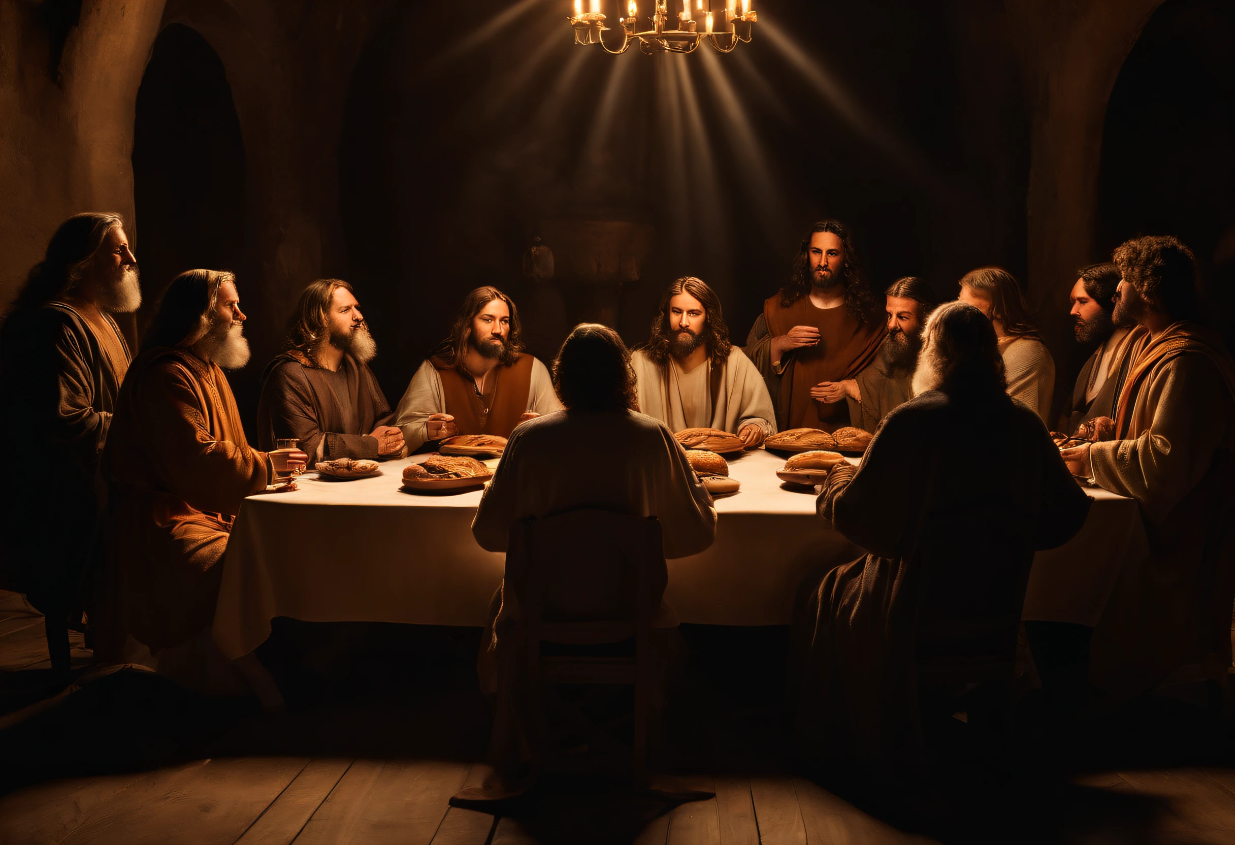 a imagem semelhante do senhor jesus cristo, Eating together with his apostles at the Holy Know Breaking Bread in High Definition in 8kJESUS CHRIST dark PHOTO and the 12 DISCIPLES sitting around an antique wooden table, Jesus sitting in the center of the table, on the table silver bread and cup, epic realistic image, soft cinematic portrait, adobe lightroom, photo laboratory, highly detailed, faded, (neutral colors: 1.2), (hdr: 1.4), (soft colors: 1.2), hyper-detailed, (artstation: 1.4), cinematic, warm lights, dramatic light, (intricate details: 1.1), background complex, with rays of light penetrating the image (rutkowski:0.66), (blue and orange:0.4)