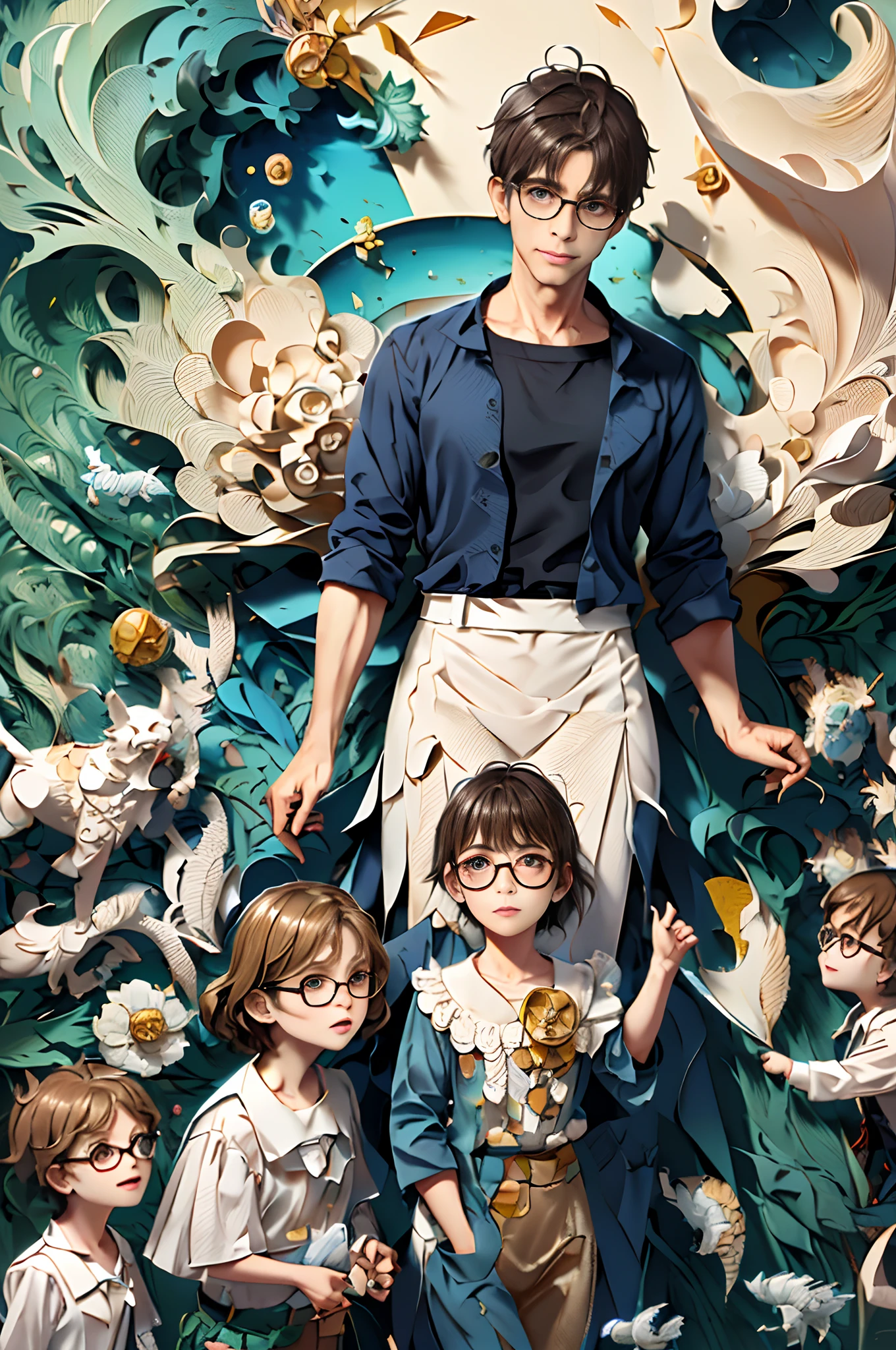 [illustration:1.3]，[paper art:1.3],[Quilted paper art:1.2],A 40-year-old teacher, Teacher, Wearing glasses, (Surrounded by a dozen children:1.4), upper body lens，arte em papel cortado