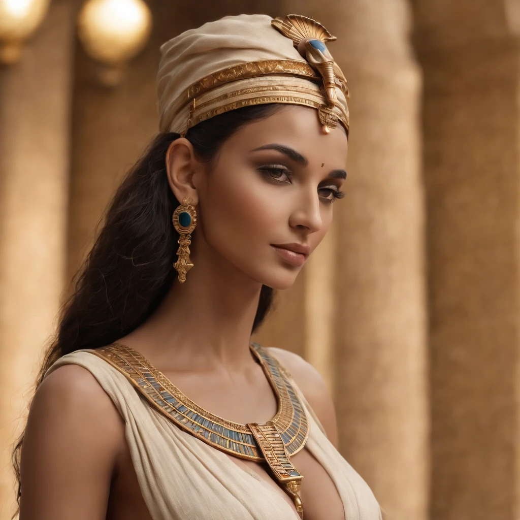 Create a highly detailed illustration of Queen Nefertiti from the 14th century BC, the Great Royal Wife of Pharaoh Akhenaten. Nefertiti is depicted with her iconic beauty, featuring a tall, flat-topped blue crown with a golden band and cobra emblem. Her face is shown with perfect symmetry, almond-shaped eyes lined with kohl, high cheekbones, and full lips. She wears a white, pleated linen gown adorned with gold jewelry, including a broad collar necklace and arm cuffs. The background should resemble an ancient Egyptian palace, with hieroglyphics and stone columns highlighting her royal status and the historical setting.