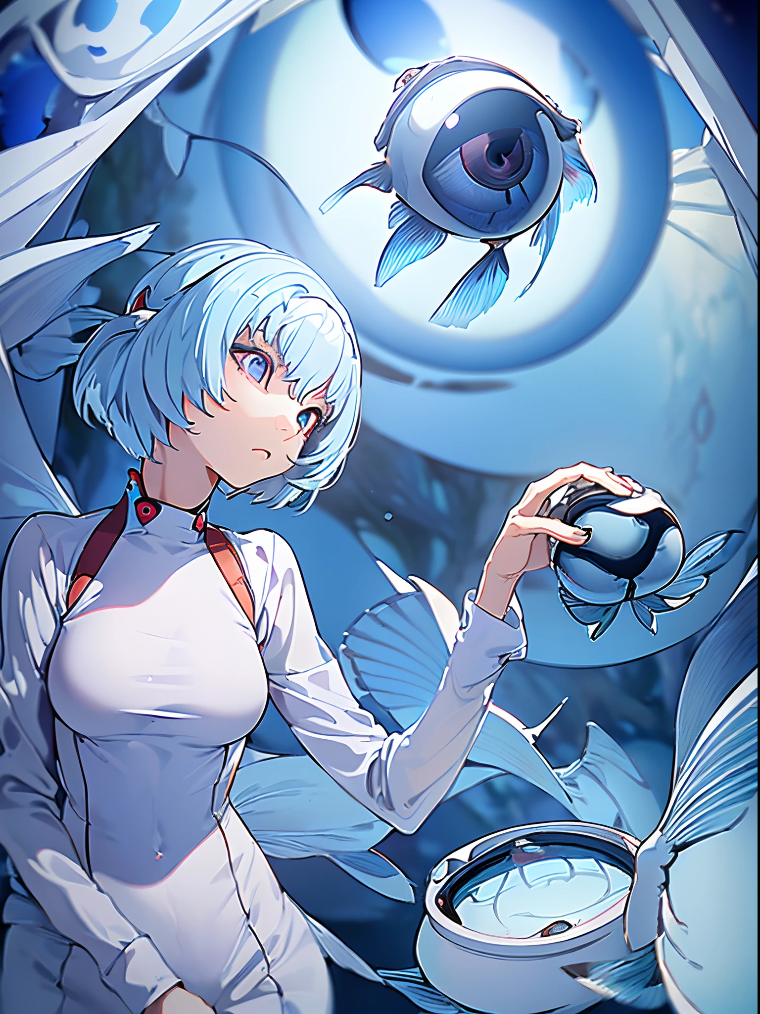 (((ayanami rei))),1girl,solo,(masterpiece,best quality, official art, beautiful and aesthetic:1.2),(ultra high res, (4k),beach,good lighting, (photon mapping, radiosity, physically-based rendering,automatic white balance), technological sense,Amazing,sharp focus,rich background, (((high detailed skin,)))dynamic lighting,intricate detailed outfit,kawaii,watery eyes,((short hair,))deadpan, skiny,  turtle neck, body suit, mechs,(masterpiece sidelighting),(bishoujo,lustrous),(sky blue hair,pink eyes,）[[delicate fingers and hands:0.55]::0.85],(detail fingers),(fish eye lens:1.7),incredibly absurdres. micro shot,focus on face