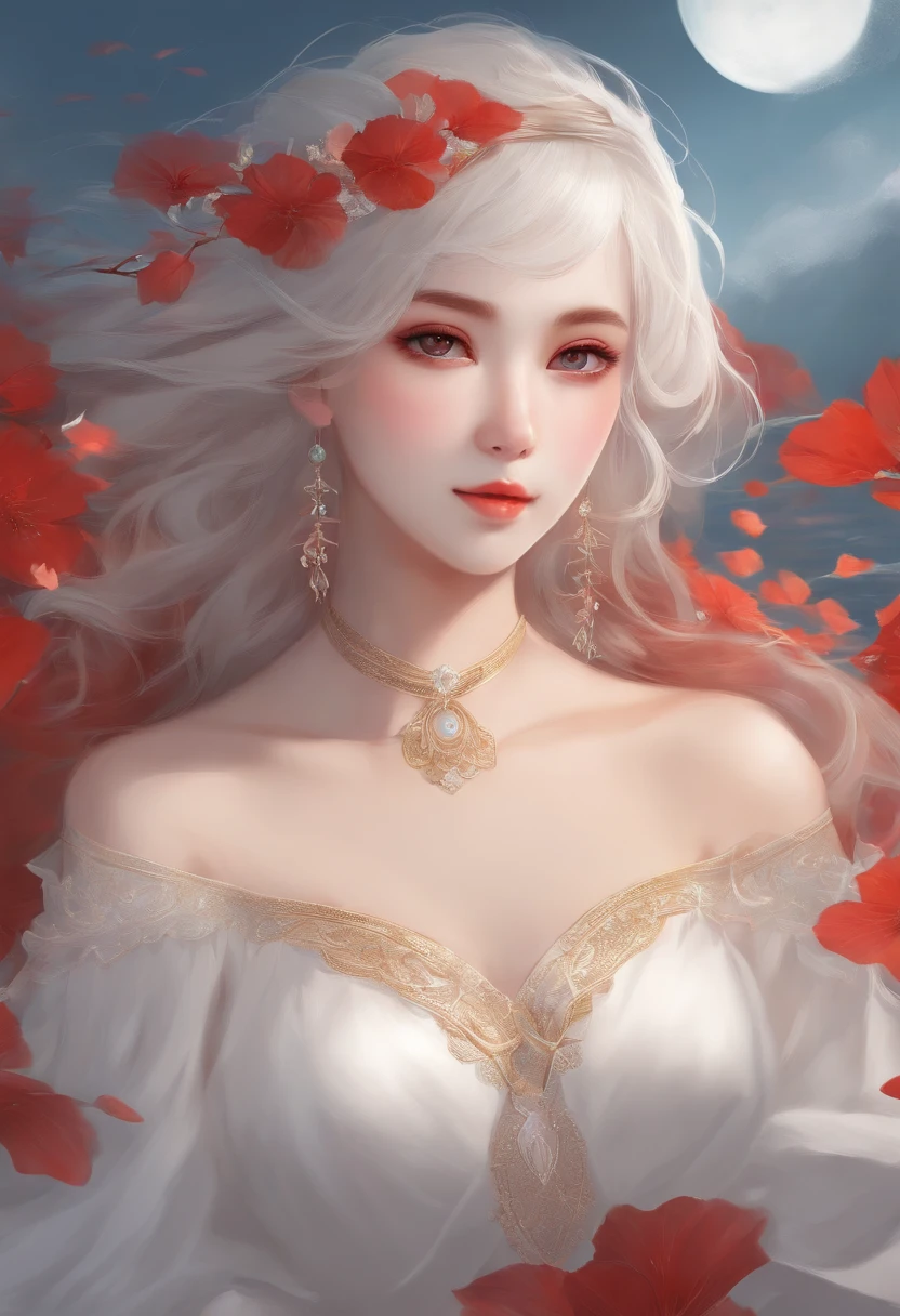 Perfect masterpiece, highest image quality, perfect art style, 8K, upper body lens, front portrait, delicate face, close-up, gaze at the whole scene, mermaid girl, magic transparent eyes, white hair, red background, digital art, flat illustration, color illustration, simple style, anime cartoon style #painting #插画 #ai绘画 #优质头像 #海艺AI #头像分享 #壁纸