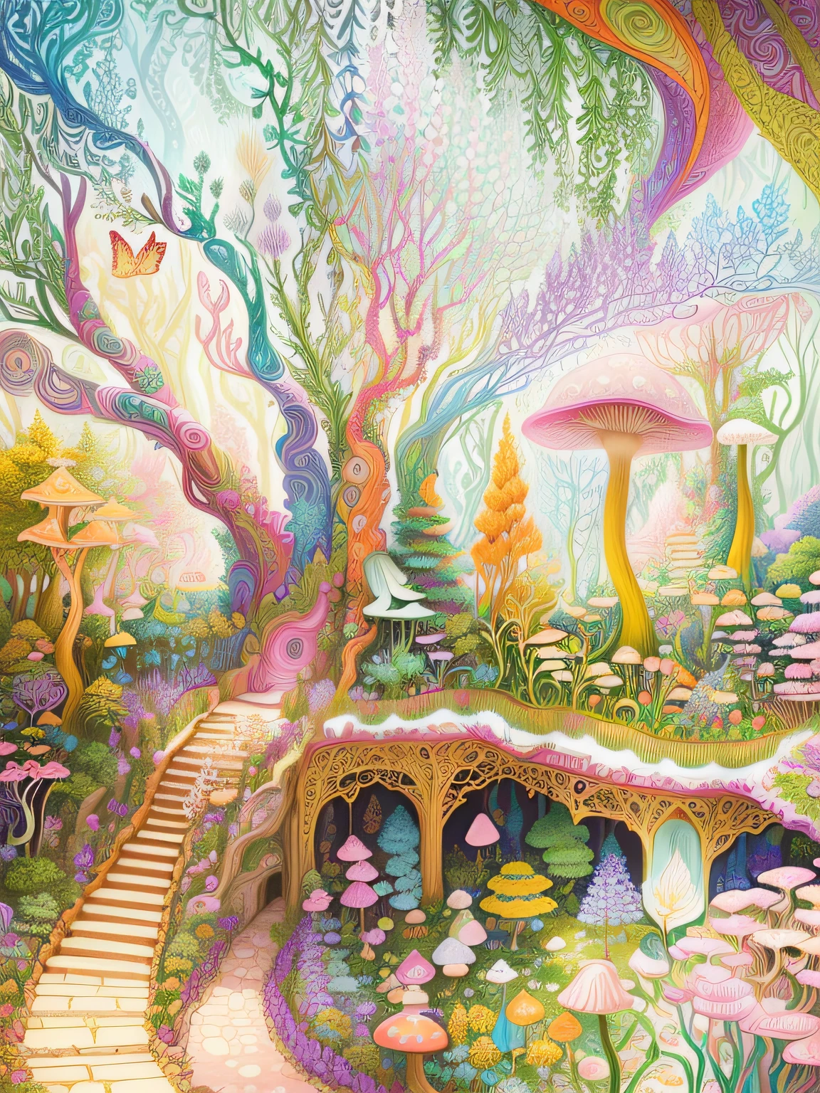 there is a drawing of a garden with a lot of plants and animals, whimsical forest, colourful!! highly detailed, enchanted magical fantasy forest, very detailed and colorful, hyperdetailed colourful, enchanted and magic forest, super detailed color art, psychedelic forest, whimsical fantasy landscape art, highly intricate and colorful, intricate detailed garden, mushroom forest, whimsical and psychedelic, psychedelic colouring