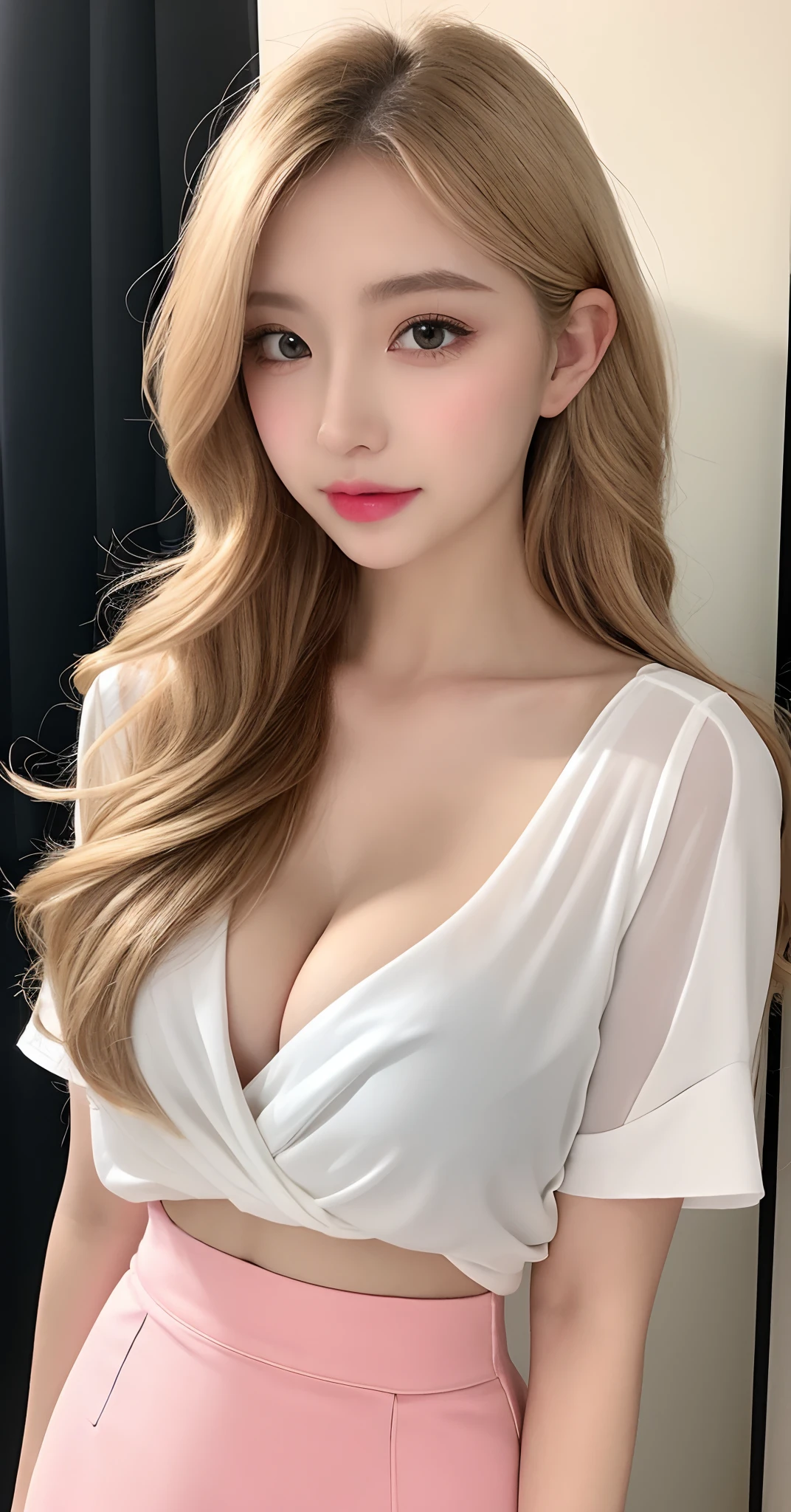 8k, Top image quality、Raw photography、超A high resolution、1 pretty girl、Colossal tits:1.3、cleavage of the breast:1.3 、white tight shirt (transparent)、open shirt show , (detailed  clothing), (detailed black short skirt), (pantyhose), fair white skin、shiny white skin、(wavy blonde hair)、dark brown hair、dark brown hair、Beautiful eyes with random colors、very thin lips, finely detail、elongated eyes、pale pink blush、long eyeslashes、Beautiful double eyelids、eyeshadows、耳Nipple Ring、Company Office、Lighting that emphasizes beautiful skin、Lustrous skin