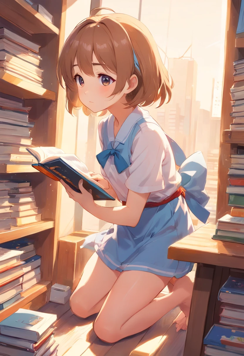 Cute ,Barefoot,Tummy down,head looking up,Raise your feet,shift dresses,white panties,largeeyes,Anime cute face,looking at book,Wet da