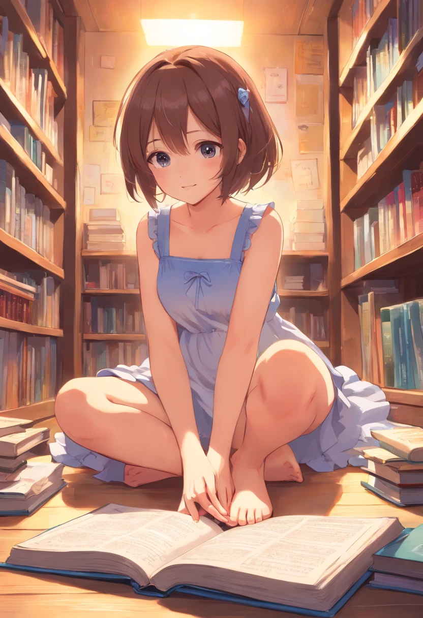 Cute ,Barefoot,Tummy down,head looking up,Raise your feet,shift dresses,upskirt,panties,white panties,largeeyes,Anime cute face,looking at book,Wet da