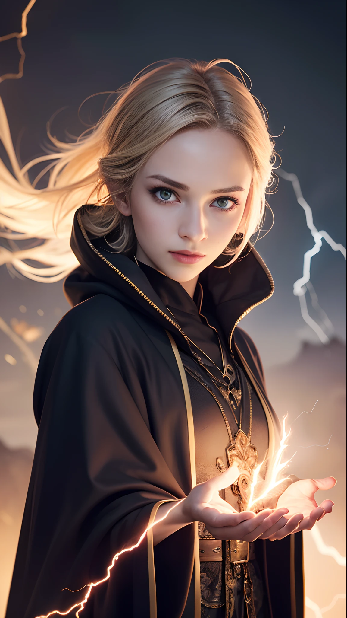 (skindentation:1.5), Realistic, Photorealistic, (masterpiece:1.5), concept art, intricate details, highly detailed, photorealistic, octane render, 8k, unreal engine, dynamic pose, best quality, highres, (realistic face:1.1), (hyperrealistic:1.1), ((full_body)), perfect eyes,(shiny skin:1.2), (((hairstyle))), (((perfect hands))), (extremely detailed background), ((dynamic background)), ((lightning)), (light rays), ((1girl)), wearing cloak, (((flowing cloak))), ((detailed eyes, high quality eyes, high quality face)), (extremely intricate robes, magical robes), short hair, casting lightning, electricity, swirling fire, radiating power, sparks, smoke, magic, ((dramatic)), epic, battlefield, depth of field, bokeh, 4k, gothic, ember, particles