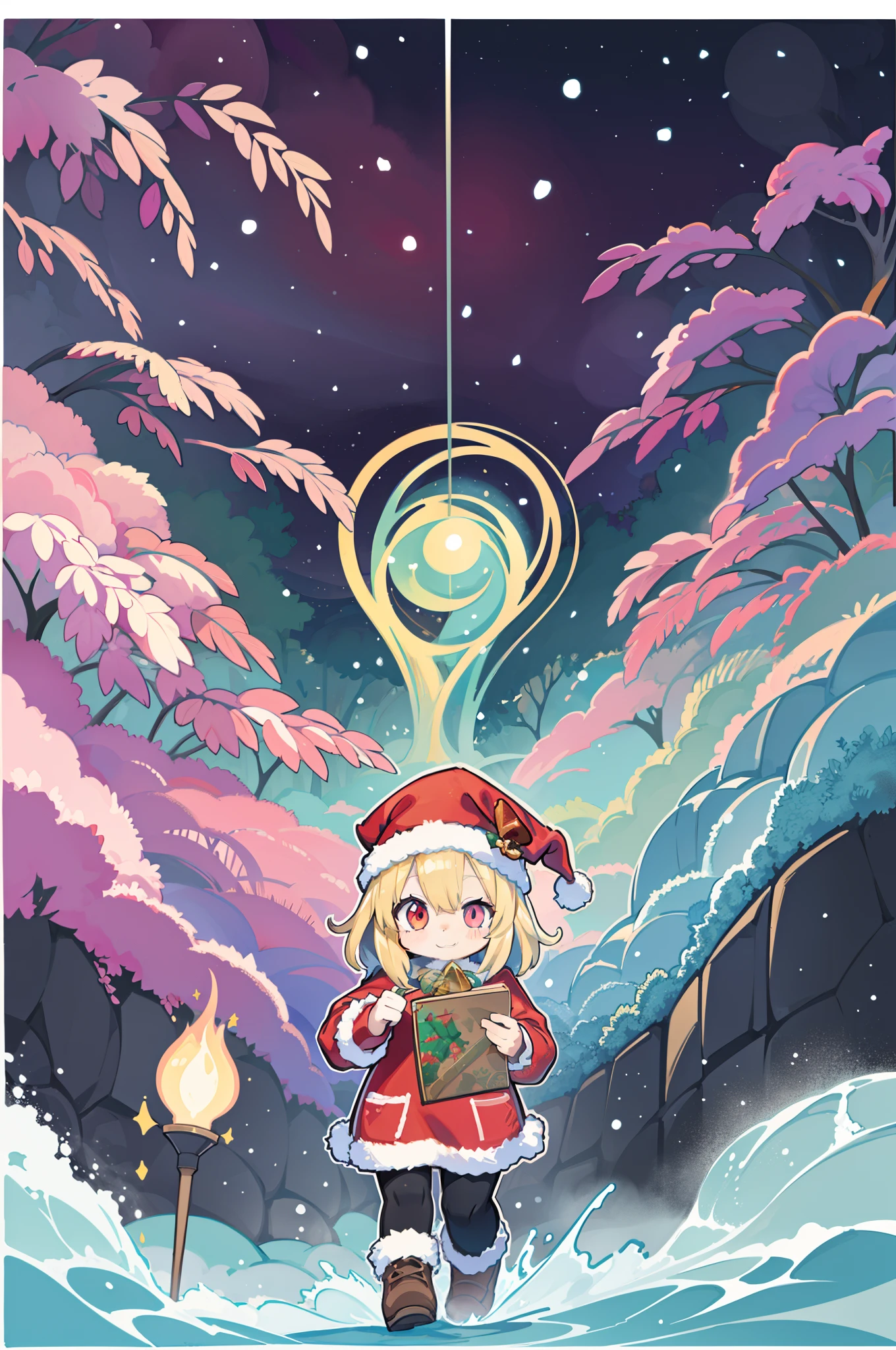 Charming Christmas 12 year old winter, girl with,Cartoon style, 2D, planar vector, Colorful splashes, Vector art, Fantasy Art, Watercolor effect,Digital Painting, white bg, 8K