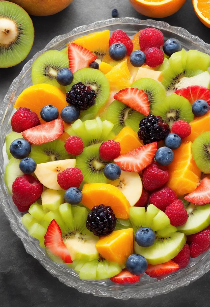 a delicious fruit salad dish, cinematic, professional photography, studio lighting, studio background, advertising photography, intricate details, hyper-detailed, ultra realistic, 8K UHD, organized, consistent image, 1 meter away