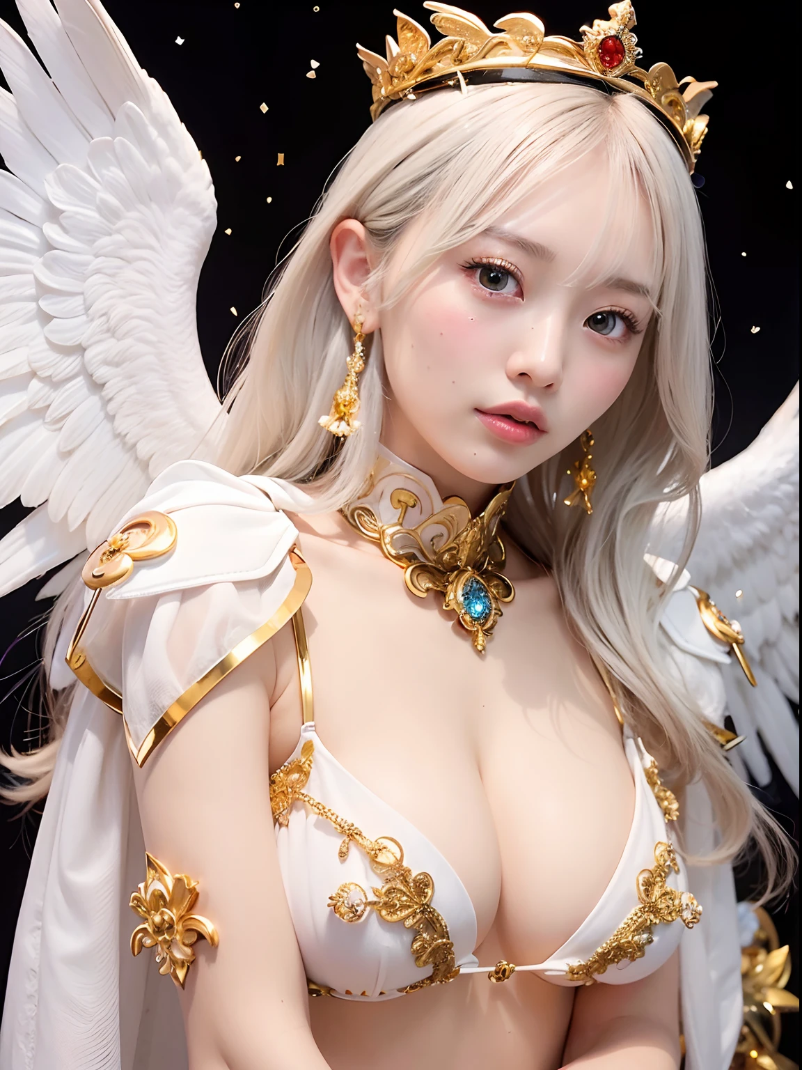 （Wearing a white micro bikini）、Professional , ​masterpiece、top-quality、photos realistic , depth of fields 、(white  hair) 、Glamorous body、（inside a church、Beautiful stained glass）、（Gemstone White Metal Body:4.9),(Matte White、（Sunburned skin）、Particles of light、Light makeup、（Random Hair Styles）、The ultimate beauty face in a micro bikini、（Angel wings grow）、Pose Seductive、Jewel Gold Weapon（Jewel Metal Body:1.４),Gorgeous metal weapons ,20 years girl、（（ Detailed and gorgeous sword of the brave）） ,Mystical expression、Light Effects、intense fighting、Wind-effect、 ()  ,Wearing micro-bikini ,Detail and ornate jewel crown、（（Micro Bikini Armor））、（（Gangle's forest background））、Beautiful Caucasian beauty、１a person、dynamic ungle,(((Detailed and ornate diamond crown)))、Smaller head、A smile、Background inside the castle、Thin and beautiful female hands、Mystical expression、Light Effects、intense fighting、With the legendary magic wand、、Toostock、Anatomically correct body、Height 175 cm、