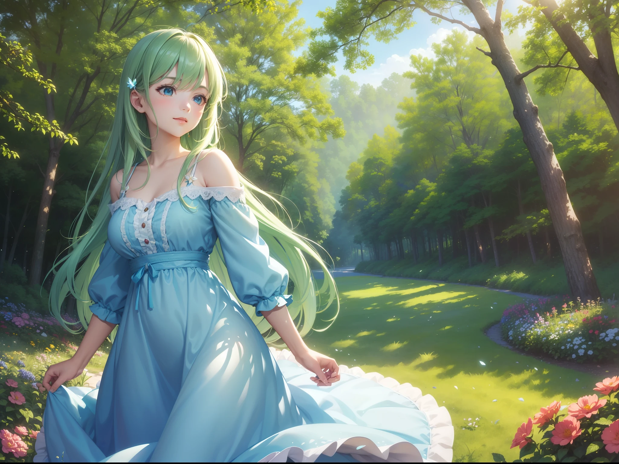 (best quality,highres,ultra-detailed,realistic:1.2),anime girl in sunny weather,forest all around,blue sky, vibrant colors, soft lighting, detailed eyes,lush green trees,fluffy clouds,warm sunlight,peaceful atmosphere,flowing hair, joyful expression,magical vibes, summer dress,delicate flowers,whimsical background