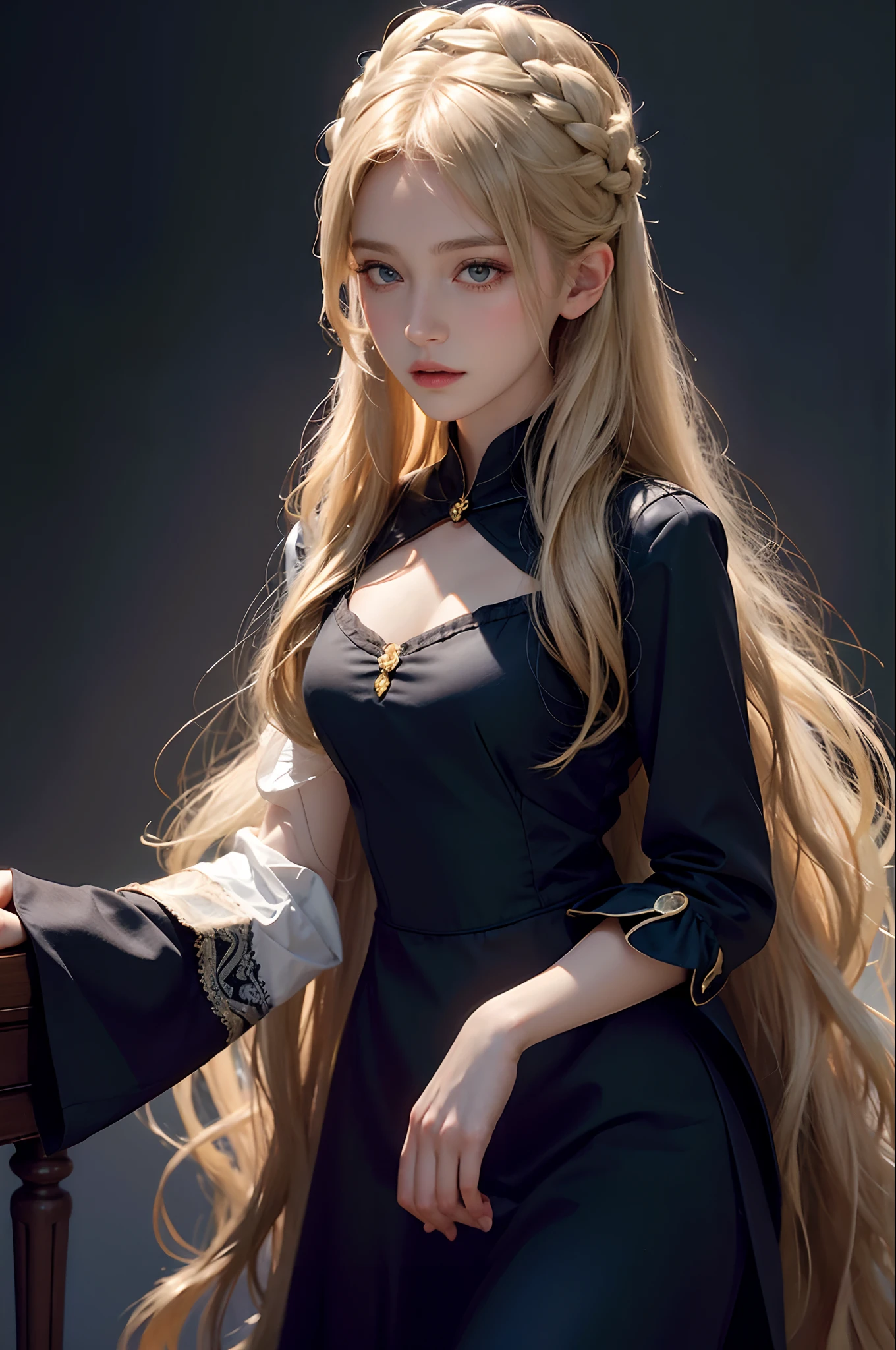 Runic Background、Wearing a black robe、Mage's Clothing、golden hair color、look at the viewer、masterpiece、cute woman、Wearing elegant school clothes