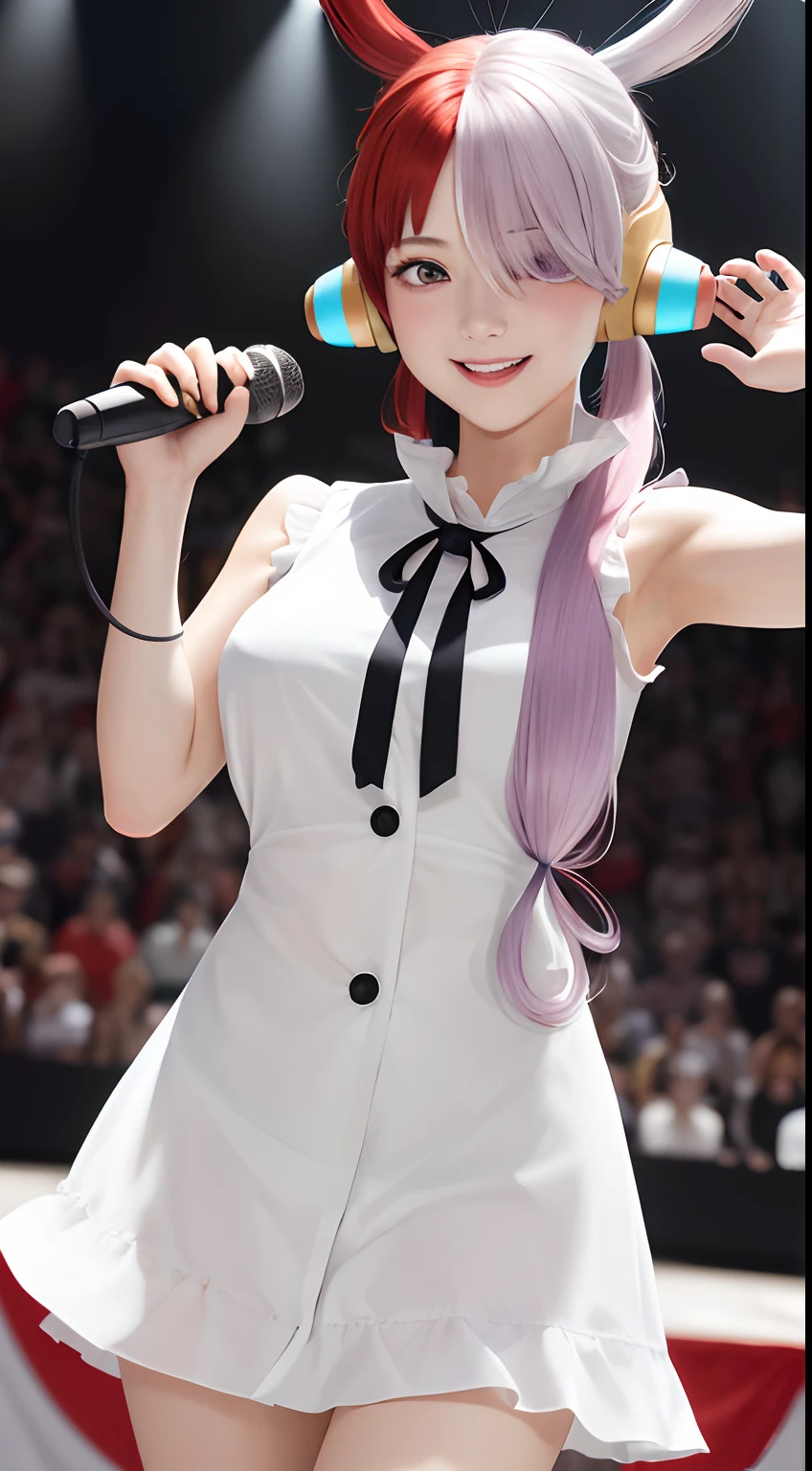 masterpiece, best quality, highres, 1girl, split-color hair, hair over one eye, red hair, multicolored hair, long hair, purple eyes, hair rings, white dress, headphones, white hair, black ribbon, bangs, sleeveless, medium breasts, cowboy shot, on the stage, smile, reaching out, holding microphone,