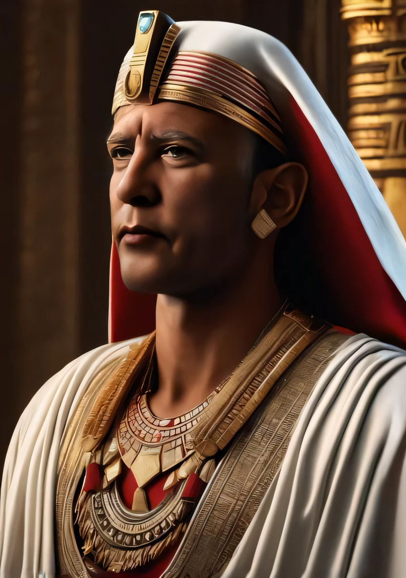 um close up de um homem vestindo um manto branco e um cocar vermelho, wearing an egyptian crown, pharaoh clothes, pharaon, portrait of anubis, brown skin man egyptian prince, egyptian clothes, Reis antigos em vestes brancas, pharaon, egyptian clothes, Egyptian god, maximus jacobs, the egyptian god, Egyptian, photo of ghost of anubis