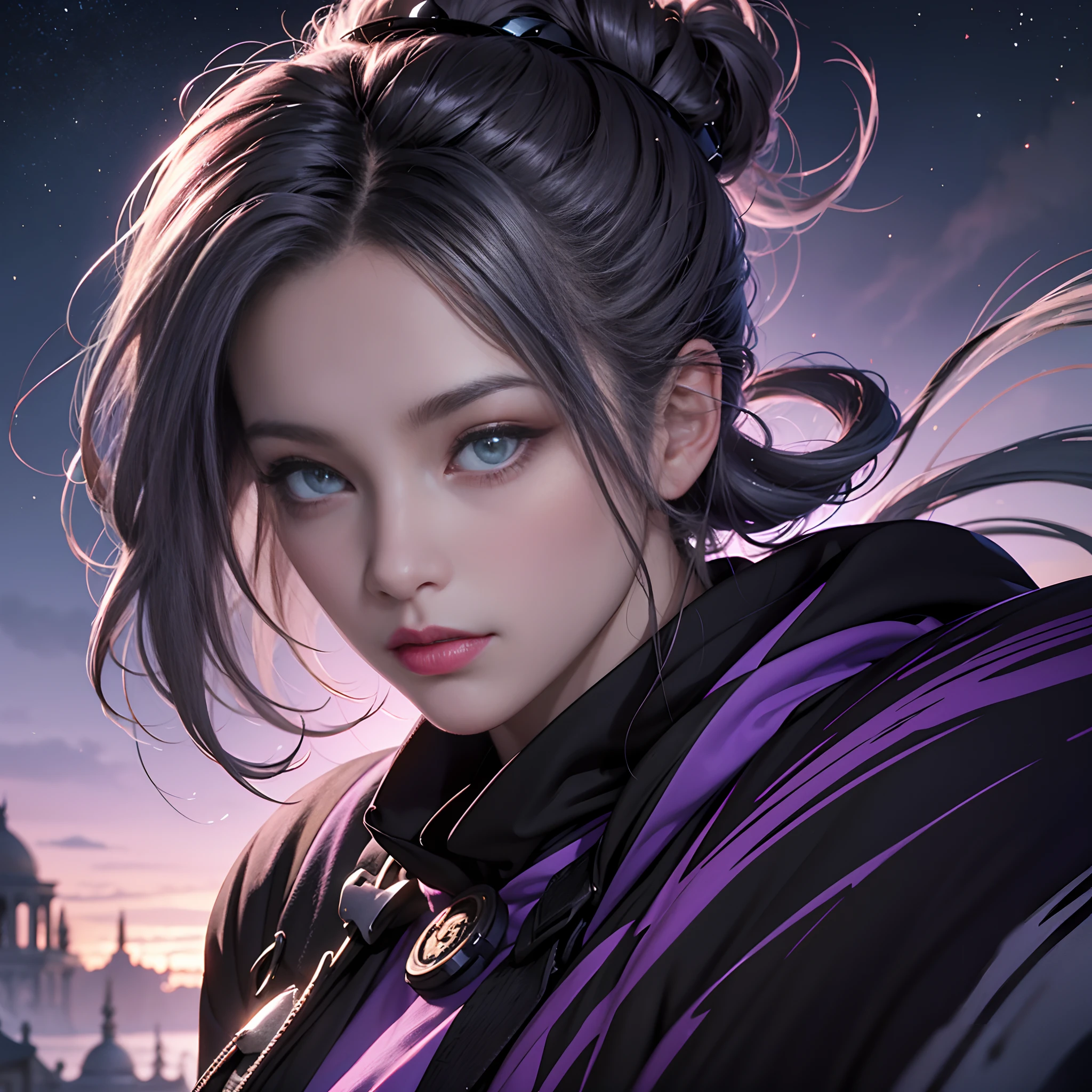 watching at viewers、odd eye、Wearing a gorgeous black kimono、Infinitely low exposure、8ｋAnime Artwork、Fantastic worldview、Background Ancient capital、Moonlit Night Background、full body Esbian、Colored inner hair, Grey Hair, Ponytail, Shiny hair, shairband,  Mismatched pupils, Hyper-Realism, Verism, Realism, depth of fields, Cinematic lighting, Purple Thunder, Ray tracing, Wide Shot, F/16, nffsw, high details, High quality, Textured skin, 8K, Best Quality, hight resolution