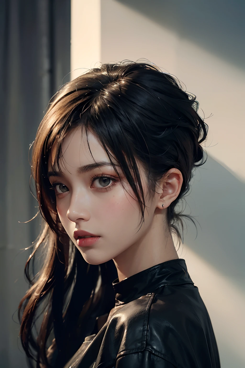 A woman with long hair and a black jacket posing for a picture - SeaArt AI