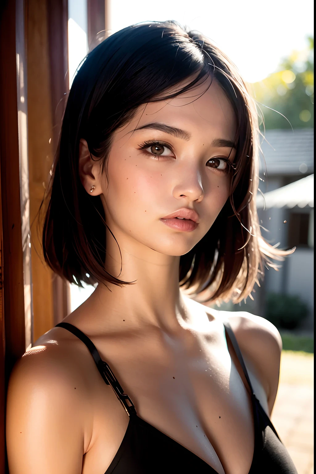 best quality, masterpiece, girl, black hair, black eyes, house, sun shining, shiny skin, sun flare