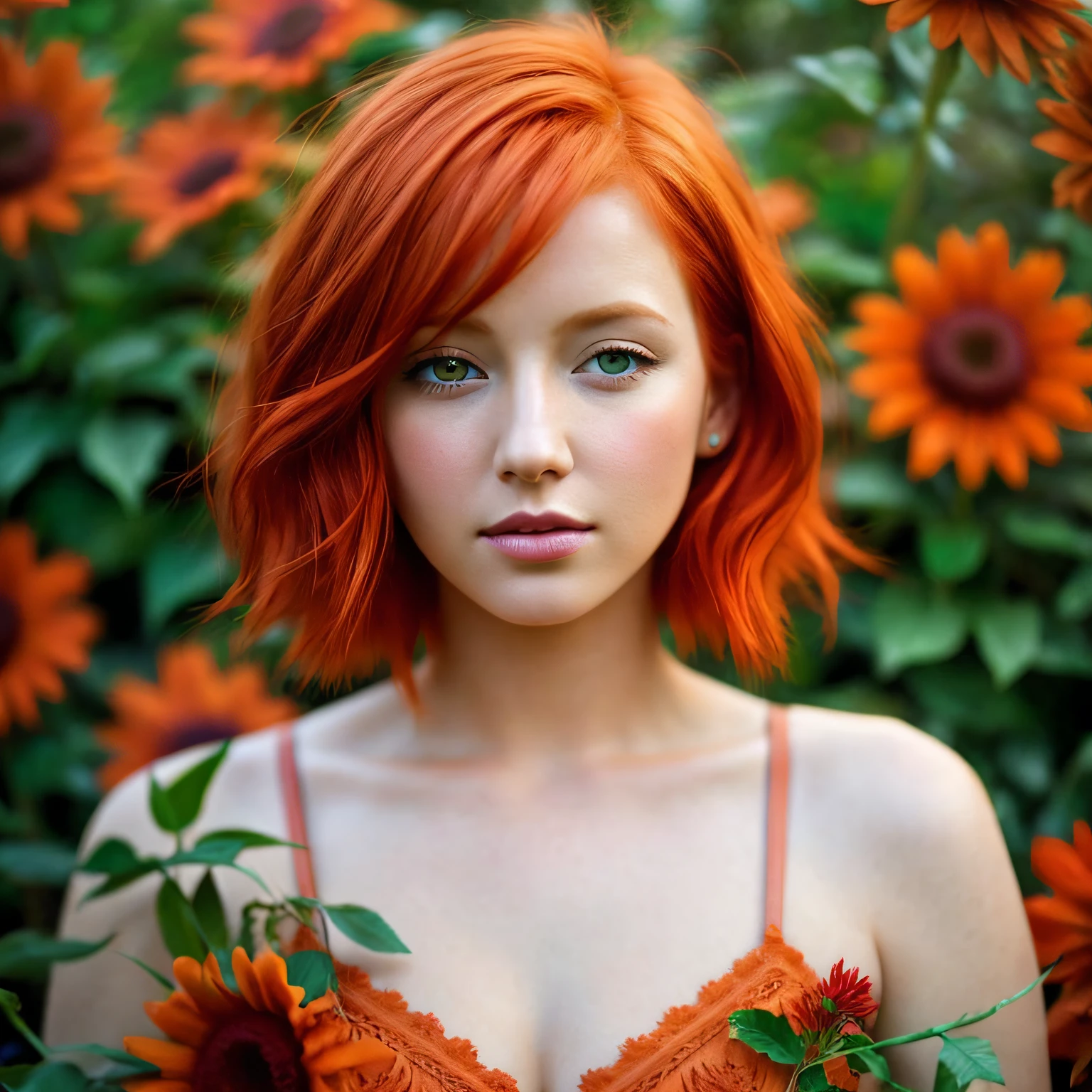 realistic, solo, woman with orange hair and blue eyes standing in front of orange flowers, orange glowing hair, high quality portrait, short hair, redhead girl, beautiful redhead woman, beautiful portrait