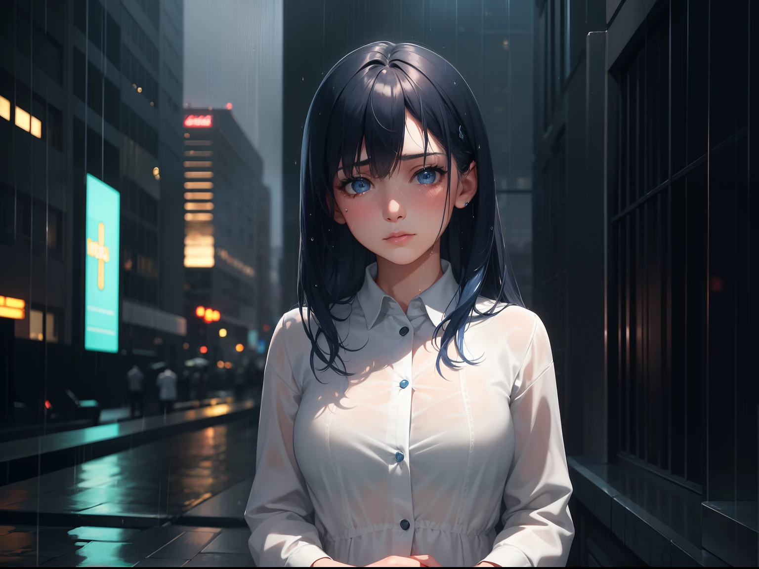 (a girl standing in the heavy rain, night in the yard, lights from skyscrapers), wet character, wet clothes, sad face, tears on her cheeks, sadness on her face, blue hair, blue eyes, white dress, (best quality, 4k, highres, masterpiece:1.2), ultra-detailed, (realistic, photorealistic:1.37), portraits, vibrant colors, soft and warm lighting