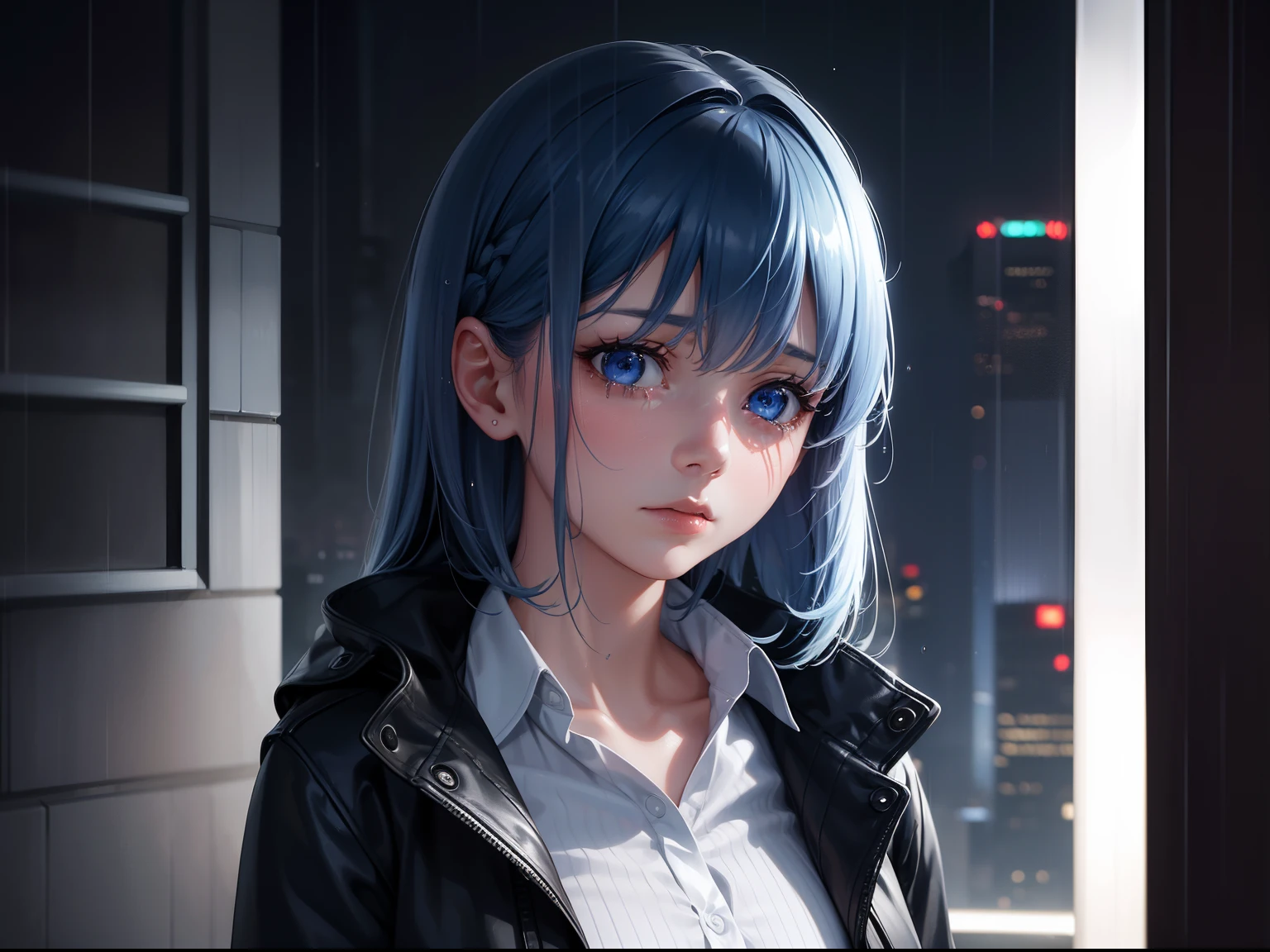 (a girl standing in the heavy rain, night in the yard, lights from skyscrapers), wet character, wet clothes, sad face, tears on her cheeks, sadness on her face, blue hair, blue eyes, white dress, (best quality, 4k, highres, masterpiece:1.2), ultra-detailed, (realistic, photorealistic:1.37), portraits, vibrant colors, soft and warm lighting